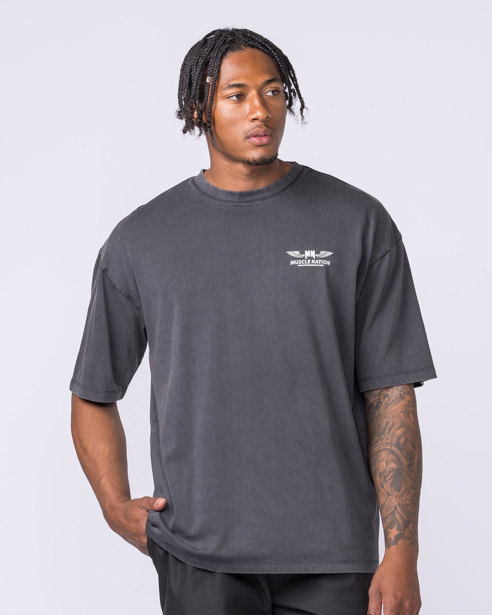 Archives Oversized Vintage Tee in Washed Black - Muscle Nation men's gym tee, view 3