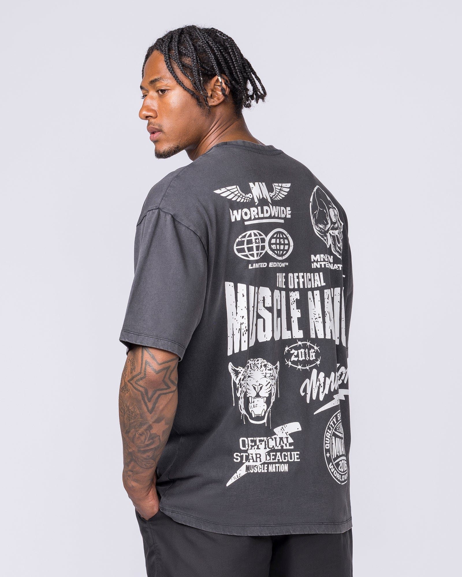 Archives Oversized Vintage Tee in Washed Black - Muscle Nation men's gym tee, view 4