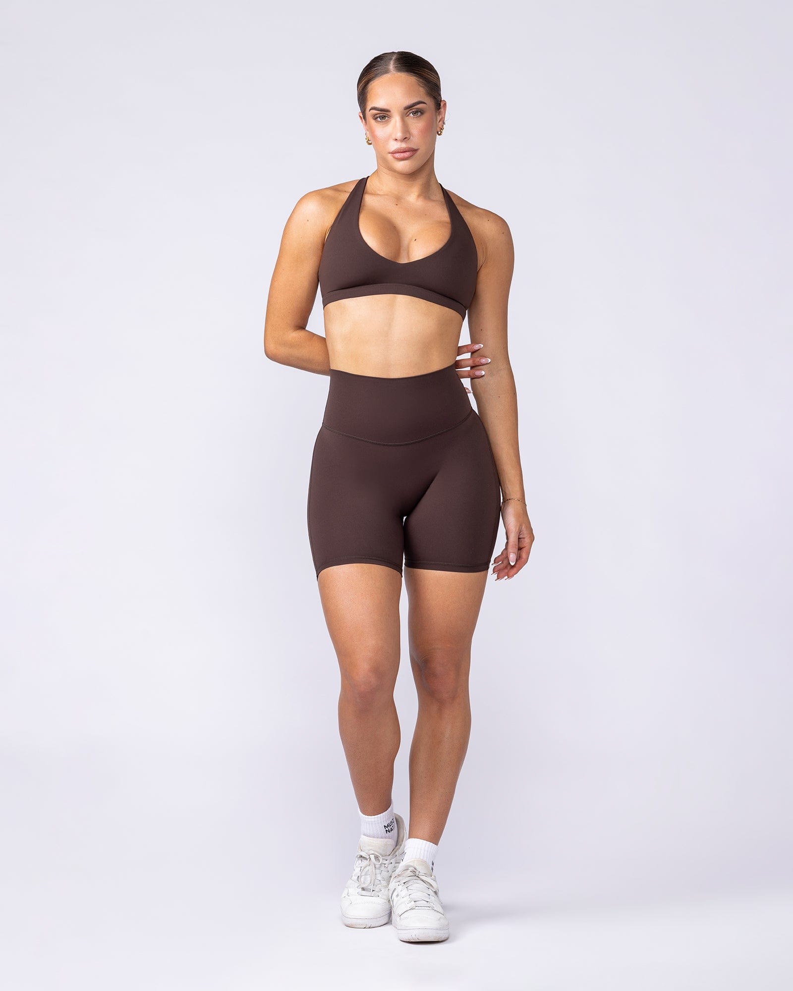 Aura Peachy High Invisible Scrunch Bike Shorts Cocoa - Muscle Nation women's bike shorts, view 7