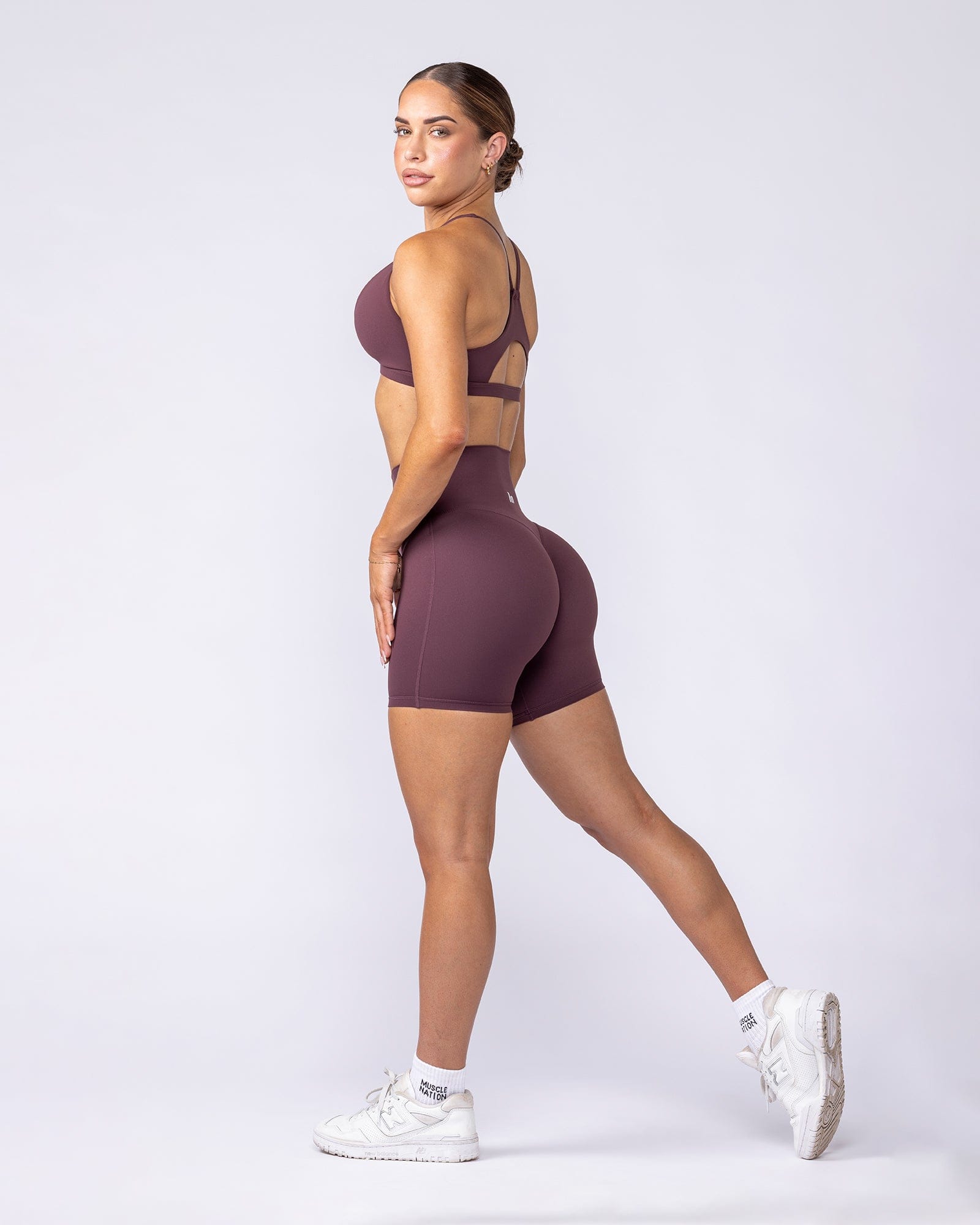 Aura Peachy High Invisible Scrunch Bike Shorts Dark Cherry - Muscle Nation women's bike shorts, view 7