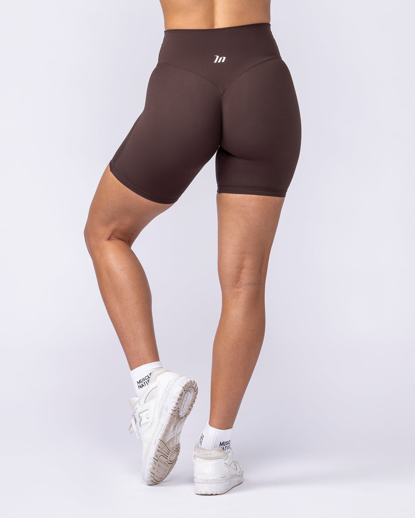 Aura Peachy Invisible Scrunch Bike Shorts Cocoa - Muscle Nation women's bike shorts, view 5