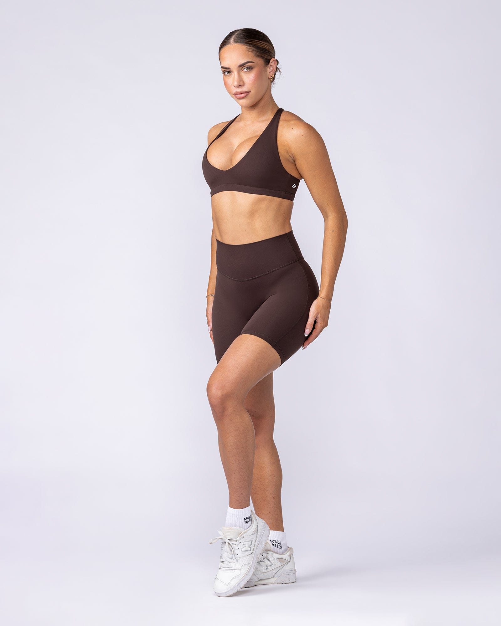 Aura Peachy Invisible Scrunch Bike Shorts Cocoa - Muscle Nation women's bike shorts, view 6