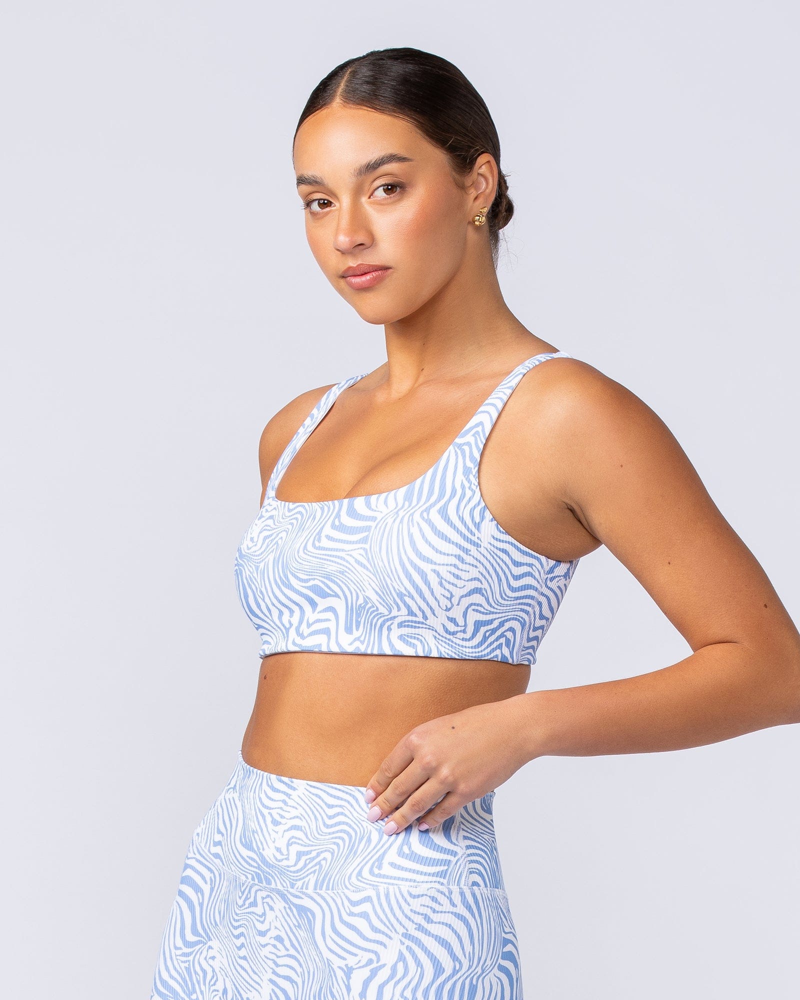 Fundamental Zebra Rib Bra Pacific Blue Zebra - Muscle Nation women's sports bra, view 3