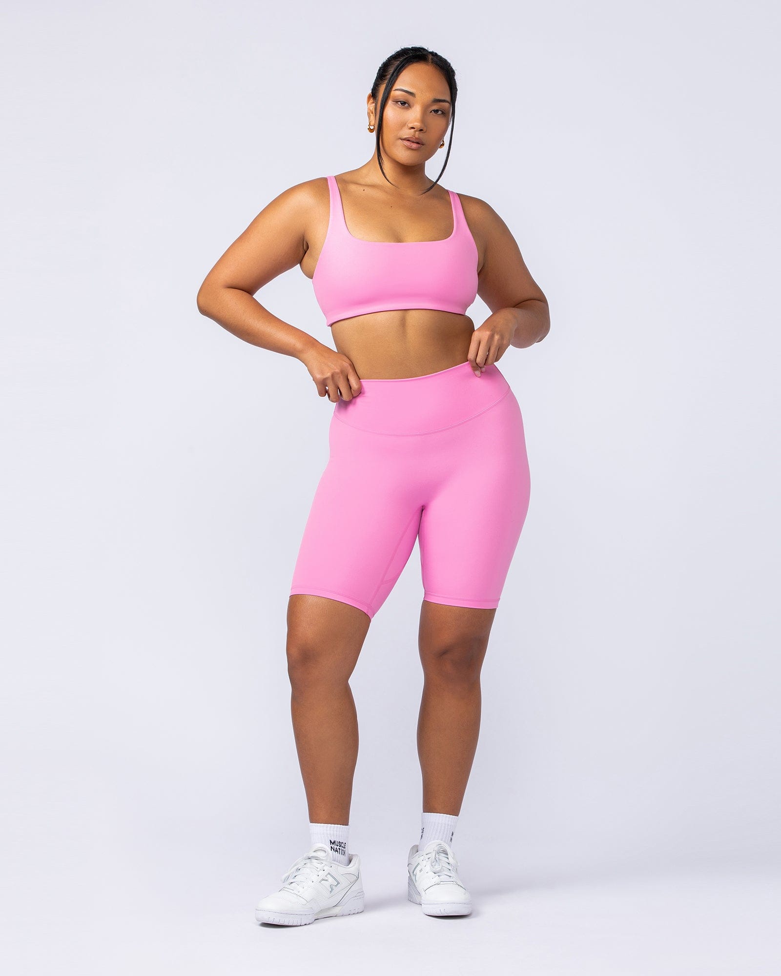 Zero Rise Everyday Referee Length Shorts Hollywood Pink - Muscle Nation women's gym shorts, view 6