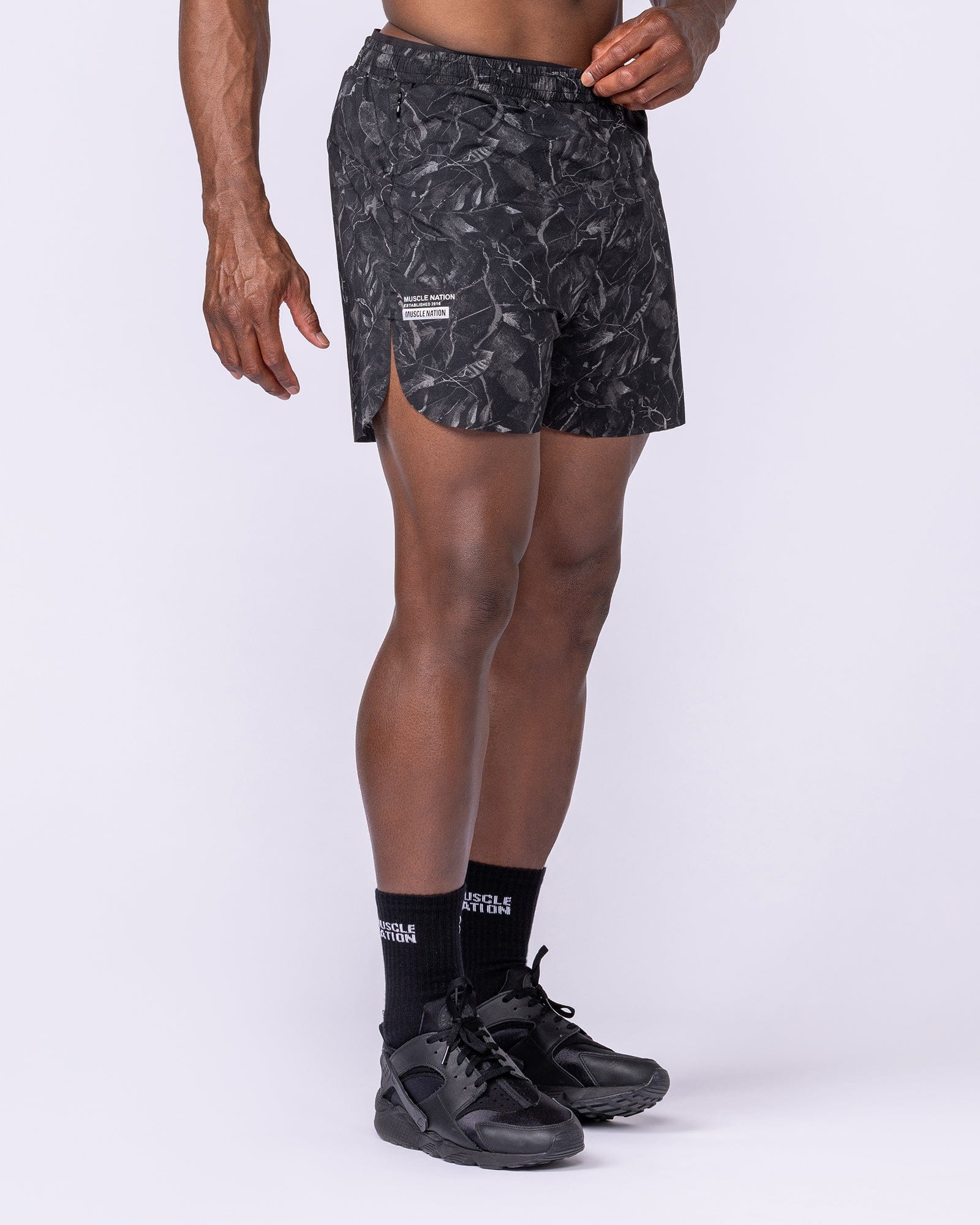 Compete 3" Run Shorts Tree Camo Monochrome - Muscle Nation men's running shorts