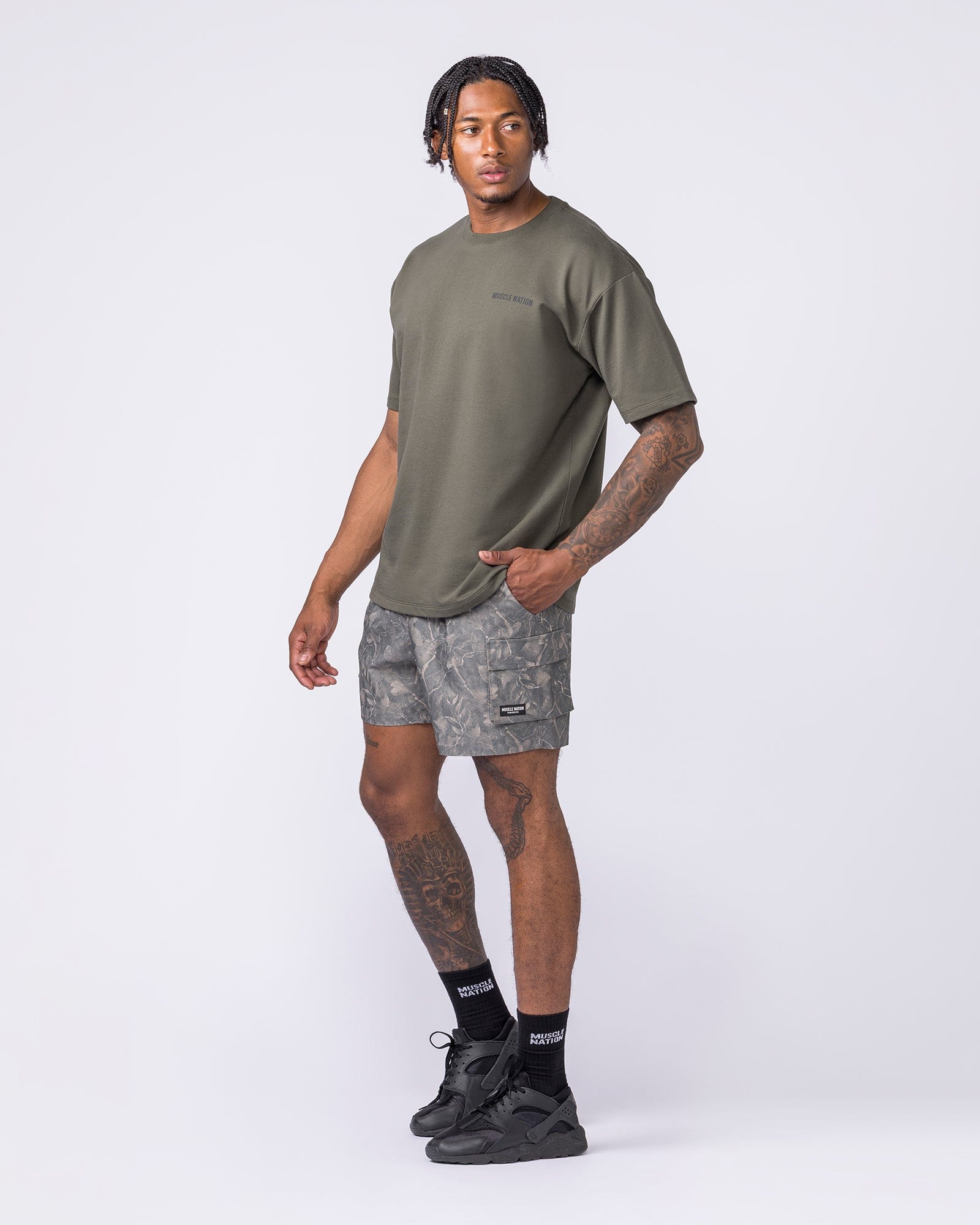 Daily Cargo 5" Shorts Washed Tree Camo Grey - Muscle Nation men's cargo shorts, view 6