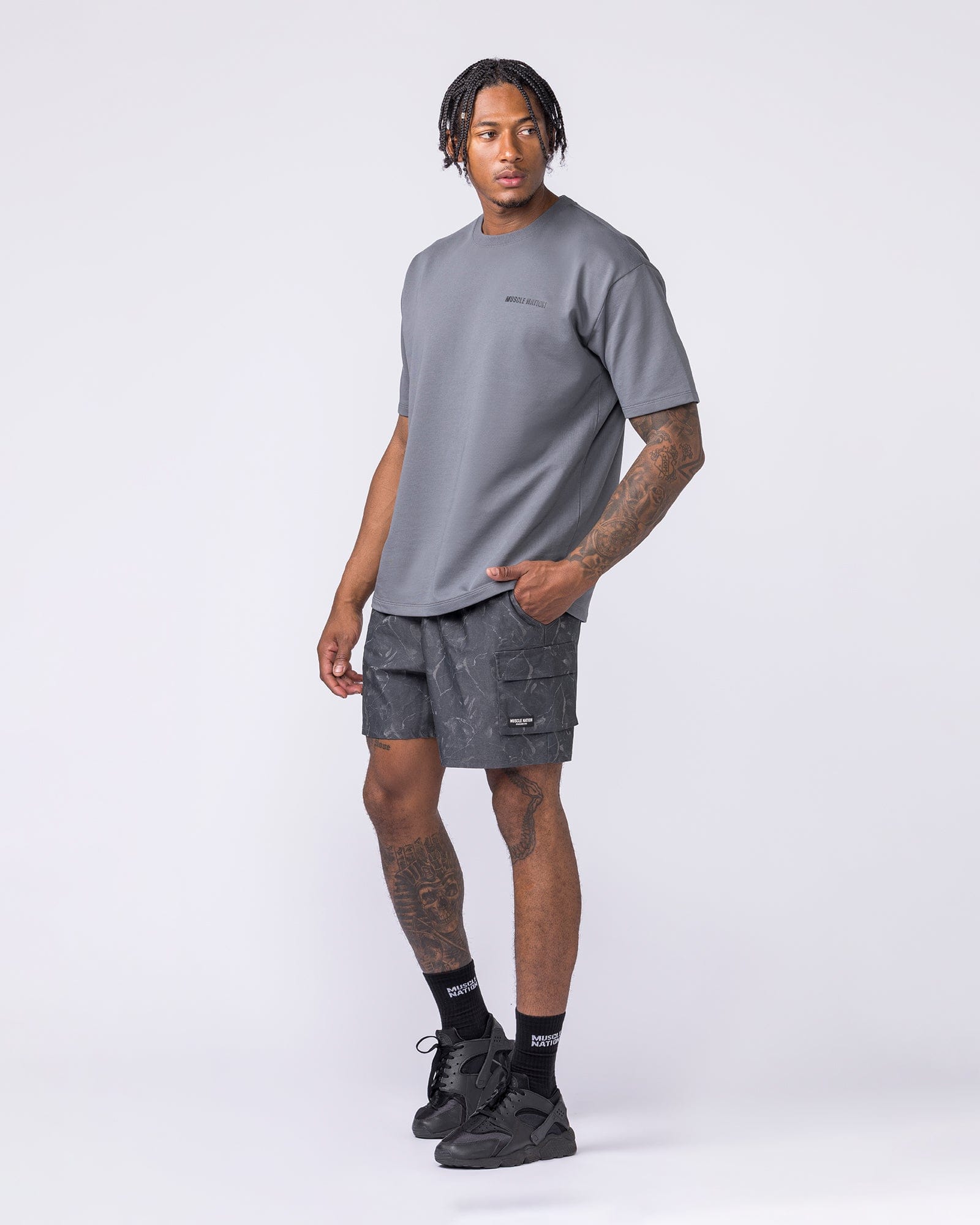 Daily Cargo 5" Shorts Washed Tree Camo Monochrome - Muscle Nation men's cargo shorts, view 6