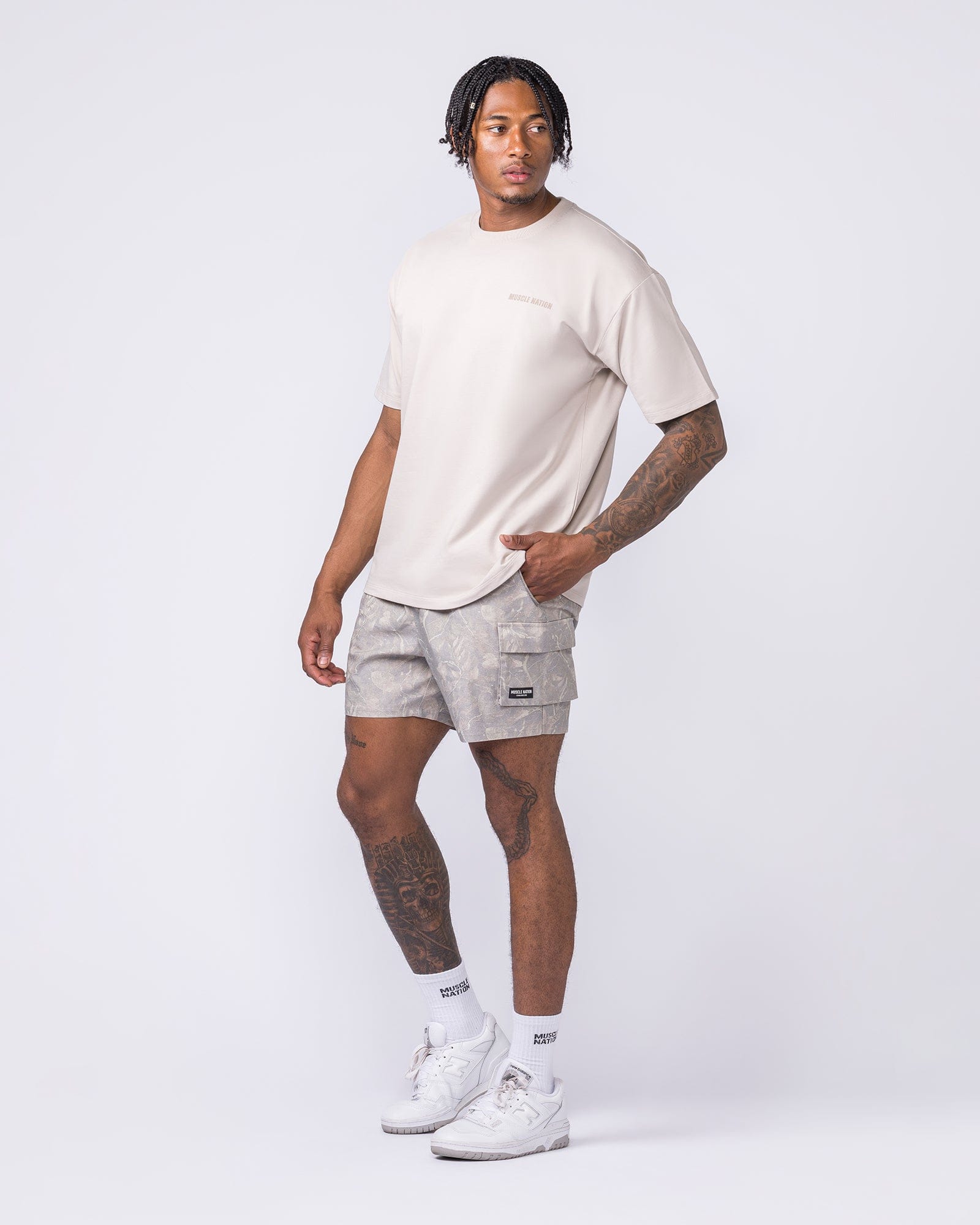 Daily Cargo 5" Shorts Washed Tree Camo Cream - Muscle Nation men's cargo shorts, view 6