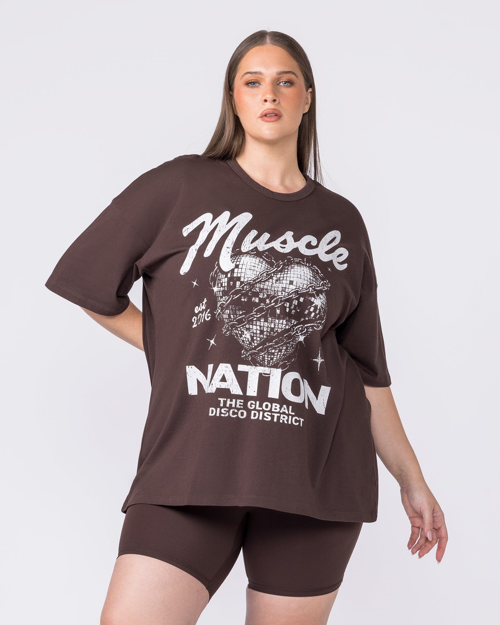 Disco District Oversized Tee Cocoa - Muscle Nation women's gym tee, view 2