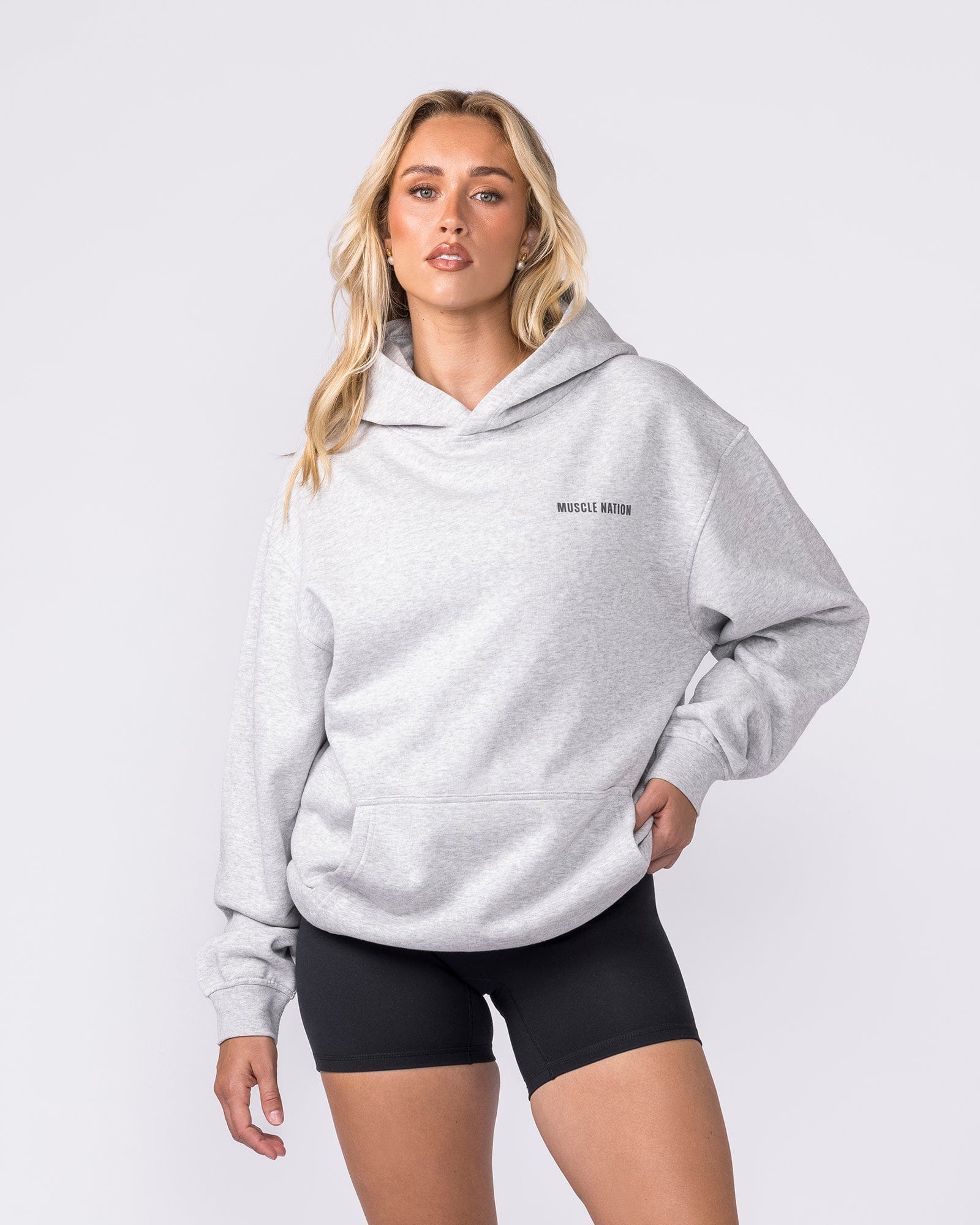 Essential Hoodie Grey Marl - Muscle Nation men's hoodie, view 7 | WOMENS-1