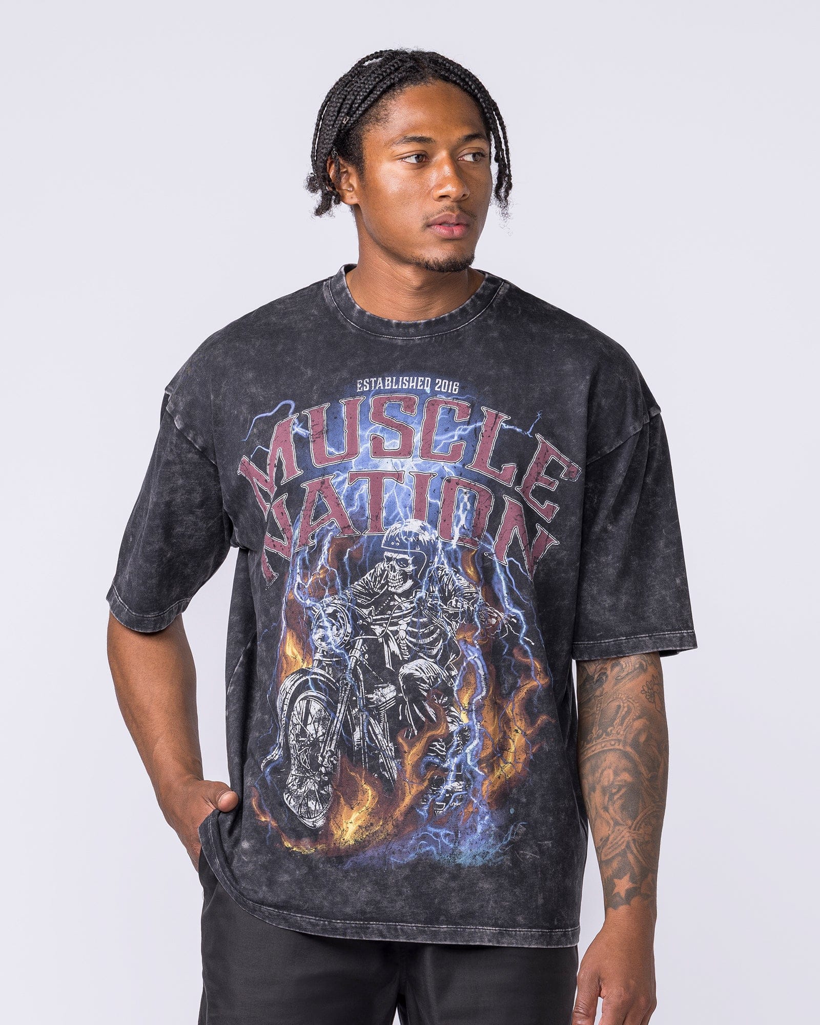 Full Throttle Oversized Vintage Tee in Washed Black - Muscle Nation men's gym tee, view 3