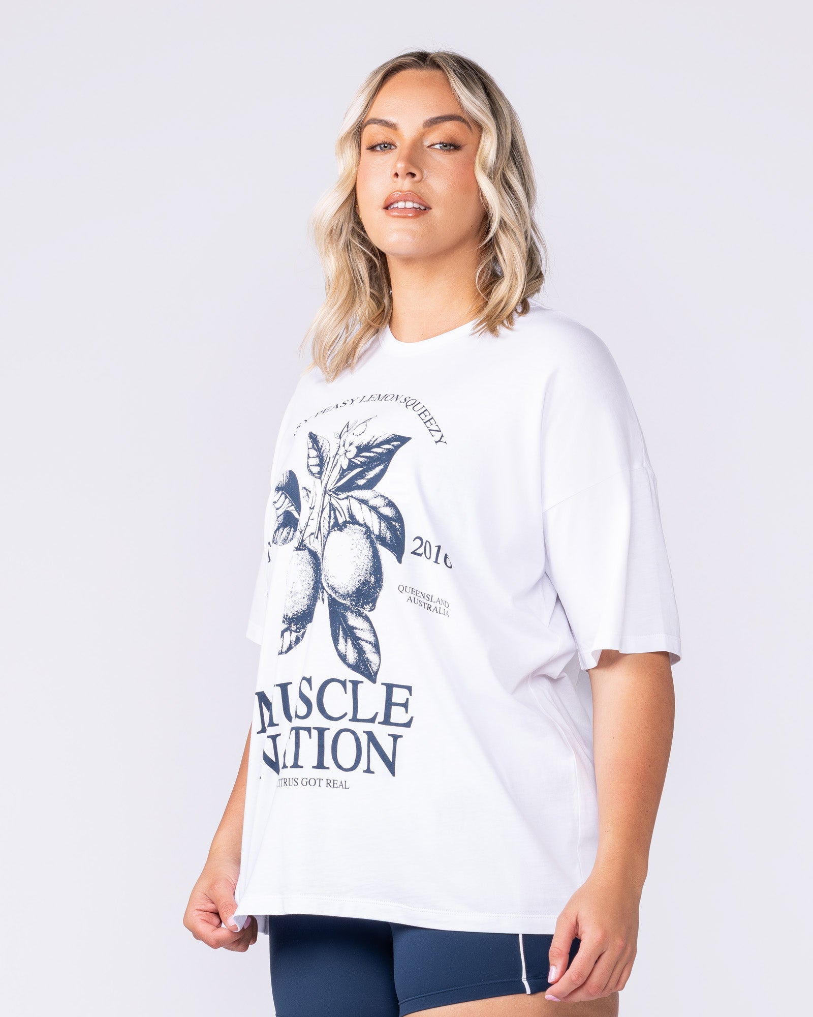 Lemon Squeezy Oversized Tee White - Muscle Nation women's gym tee, view 4