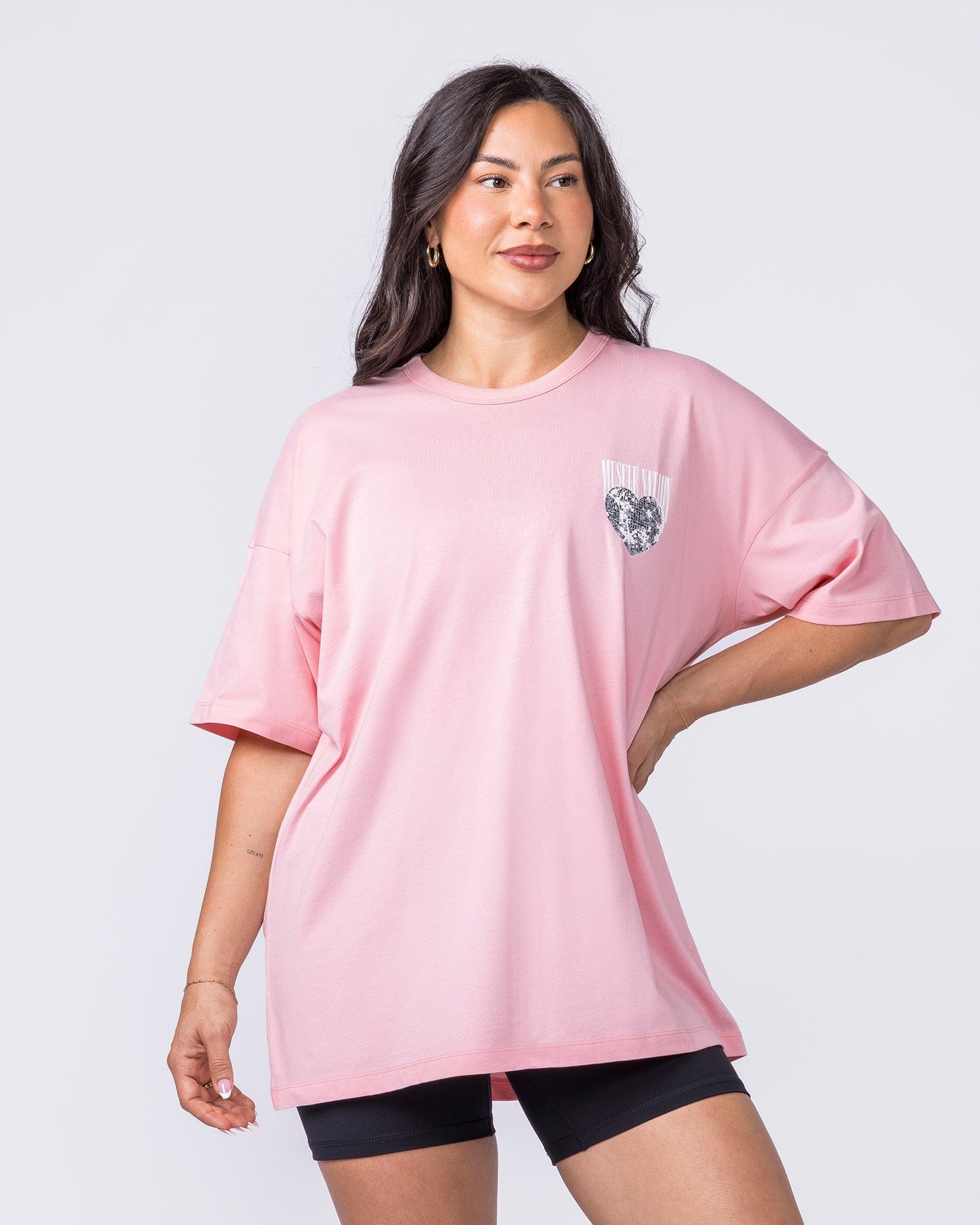 Less Panic More Disco Oversized Tee Blush - Muscle Nation women's gym tee, view 3