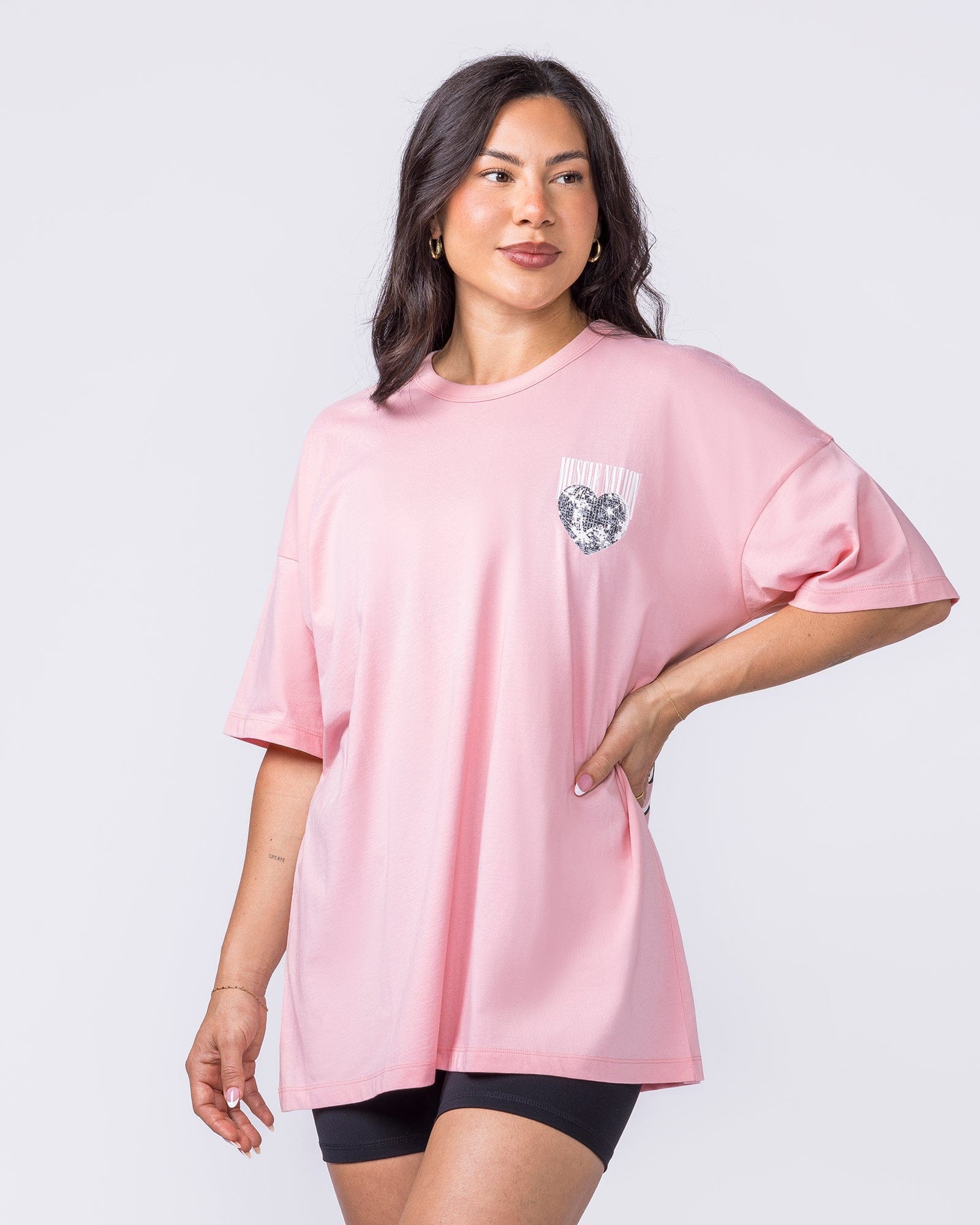 Less Panic More Disco Oversized Tee Blush - Muscle Nation women's gym tee, view 4