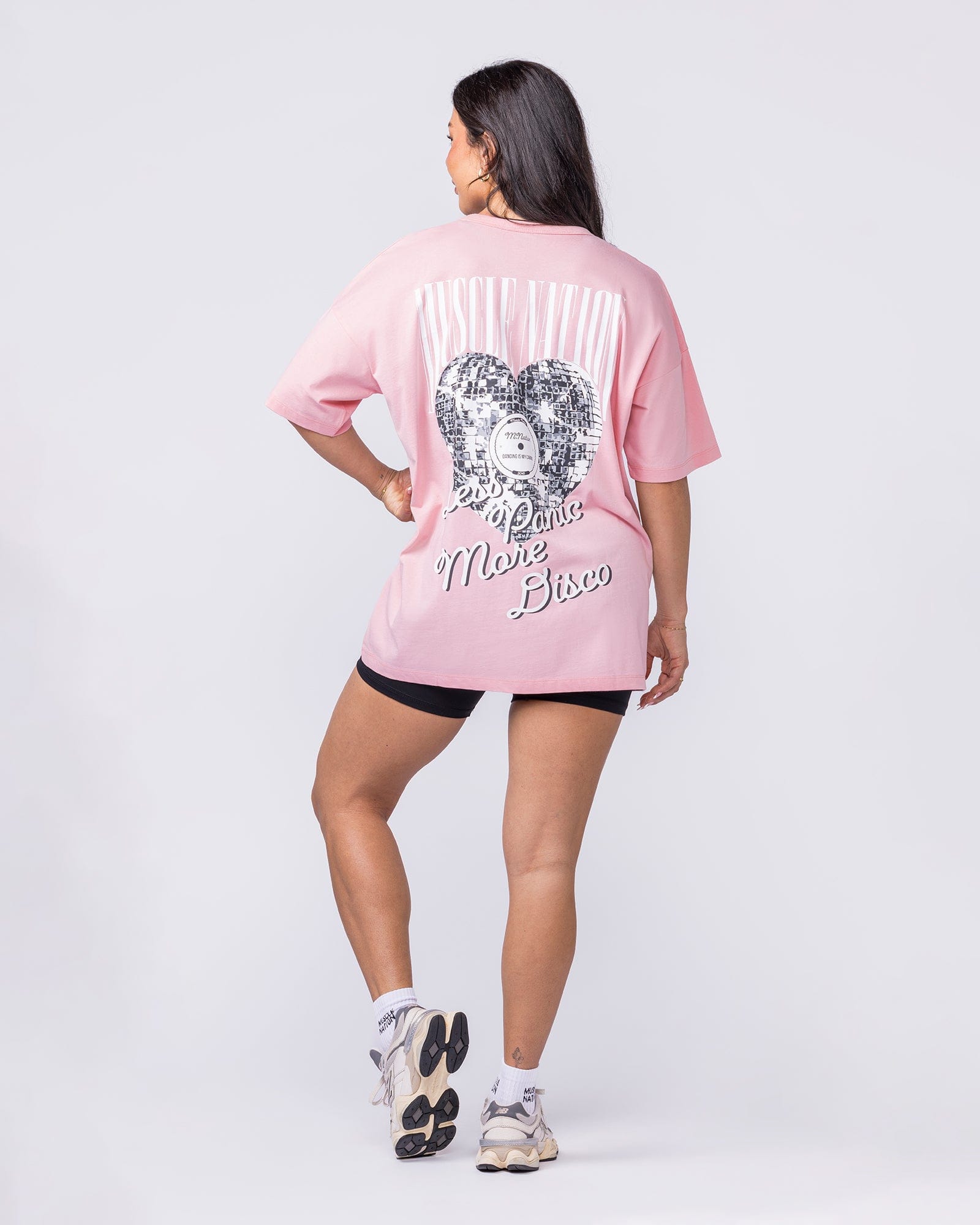 Less Panic More Disco Oversized Tee Blush - Muscle Nation women's gym tee, view 6