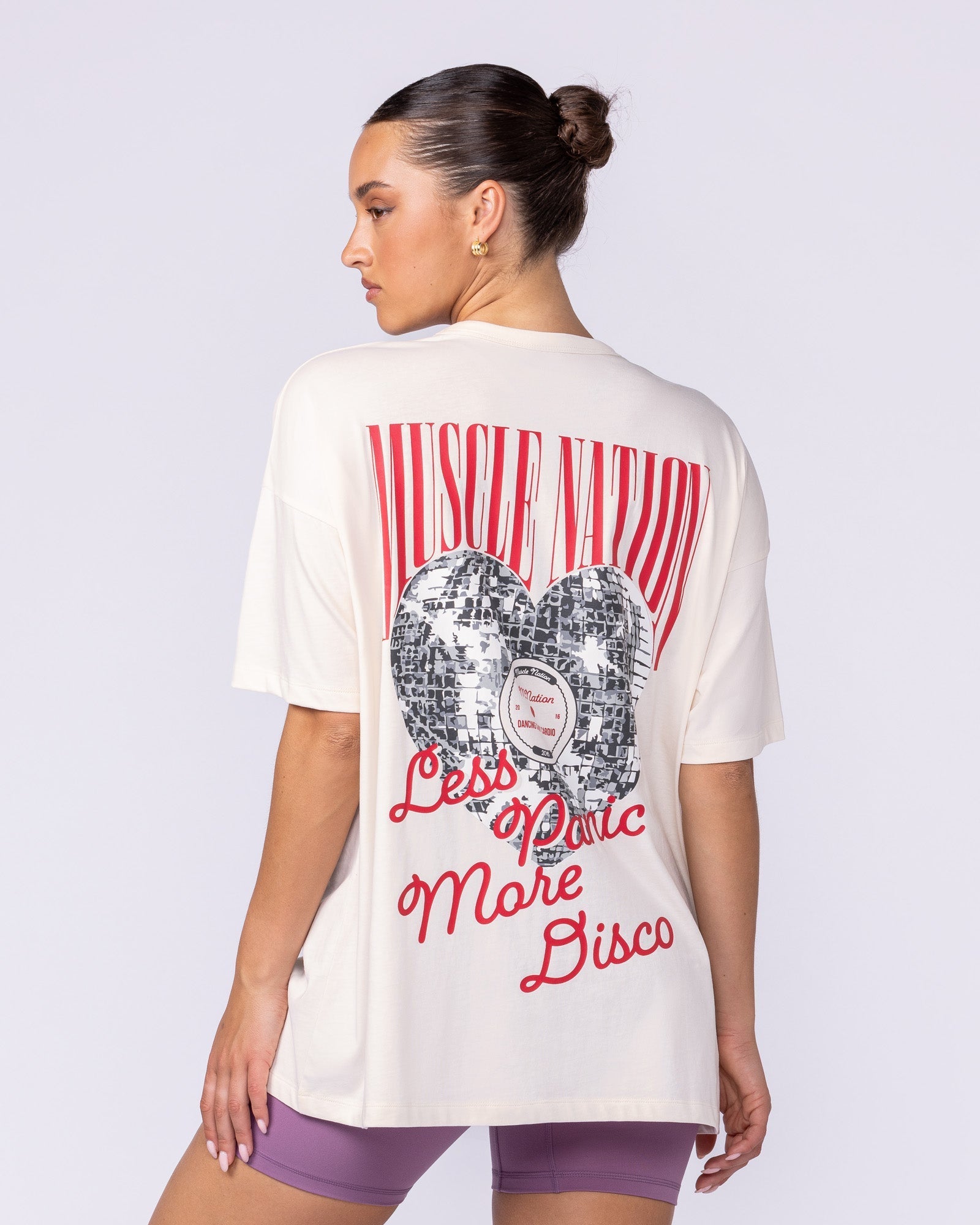 Less Panic More Disco Oversized Tee Travertine - Muscle Nation women's gym tee, view 3