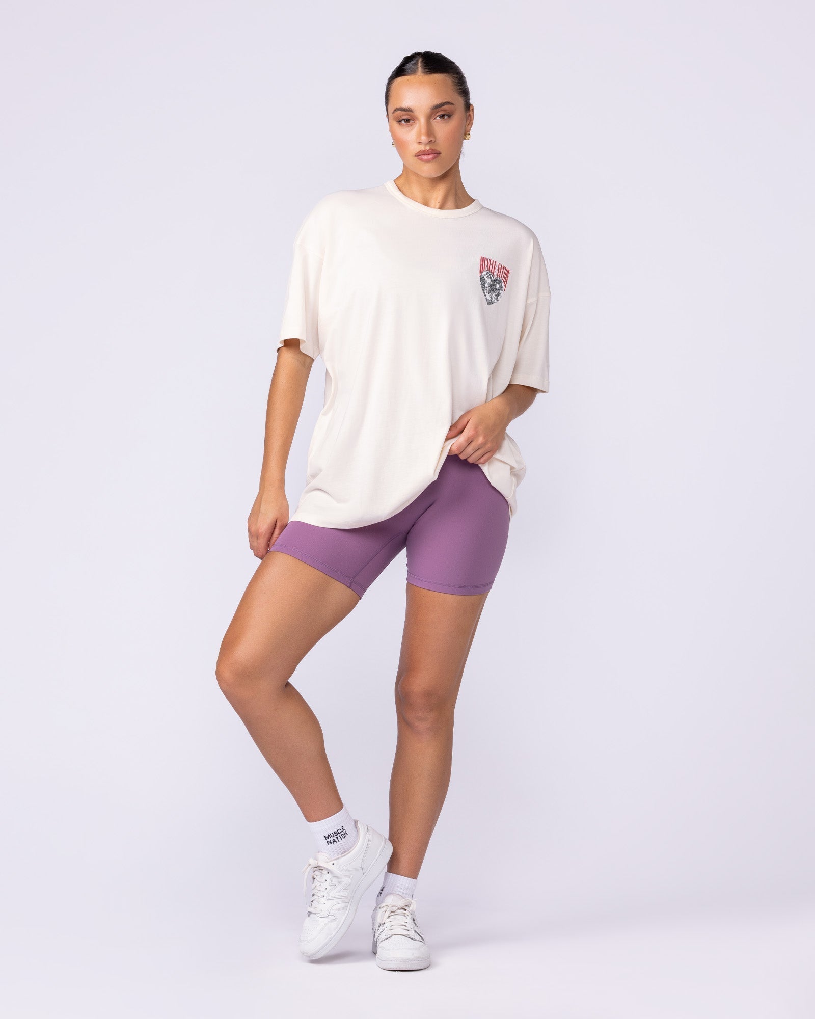 Less Panic More Disco Oversized Tee Travertine - Muscle Nation women's gym tee, view 6