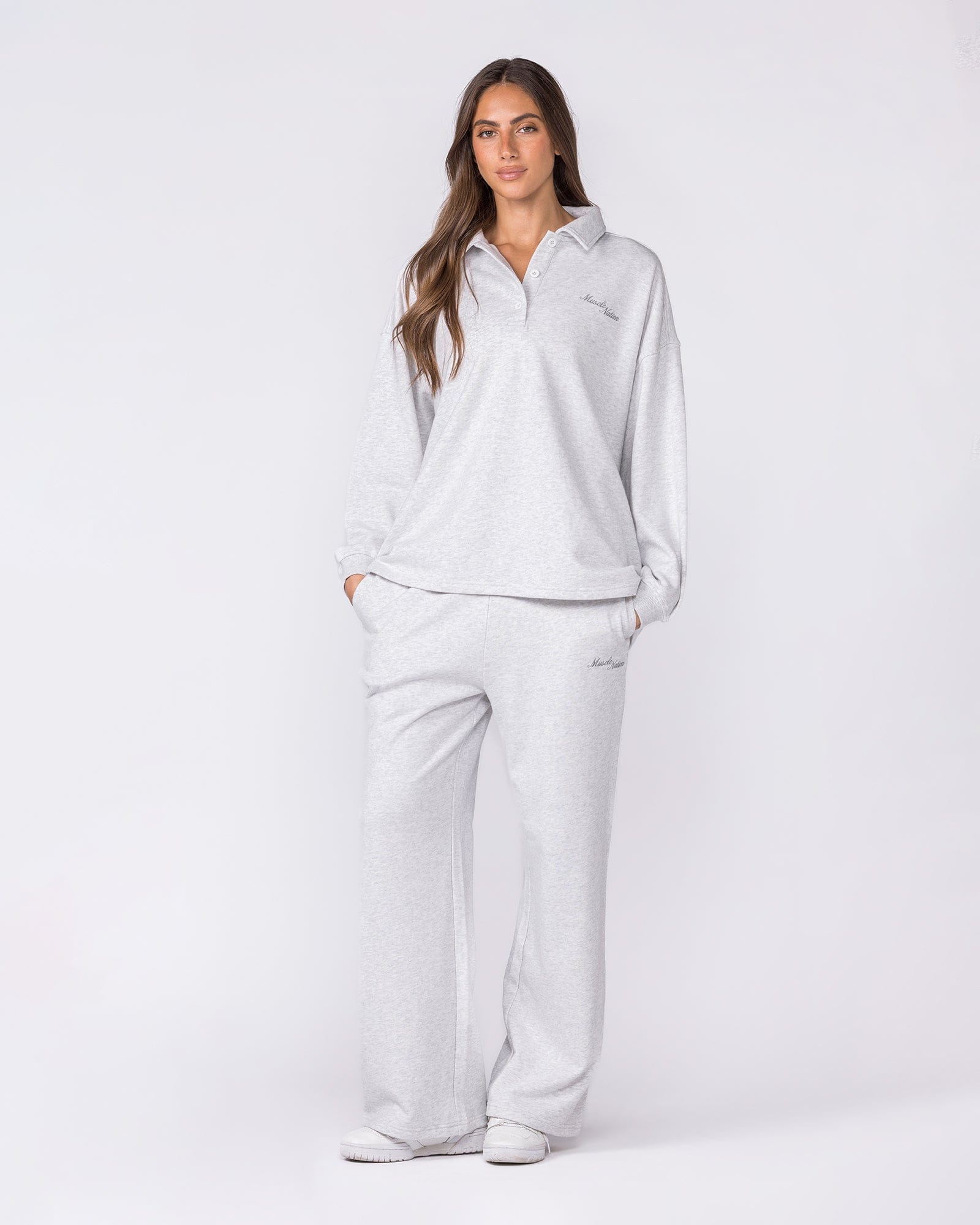 Loopback Straight Leg Trackies Snow Grey Marl - Muscle Nation women's trackpants, view 6