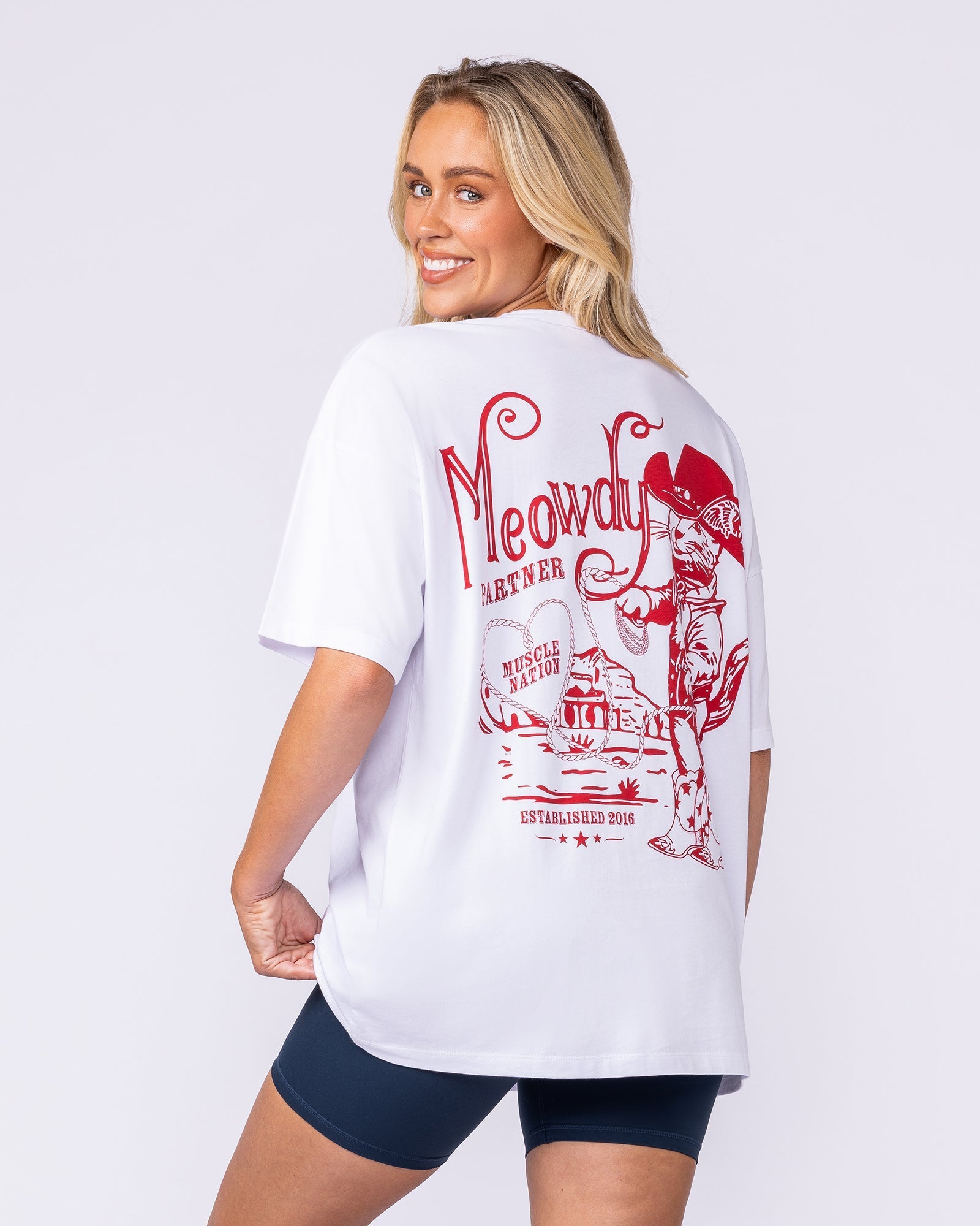 Meowdy Partner Oversized Tee White - Muscle Nation women's gym tee, view 3