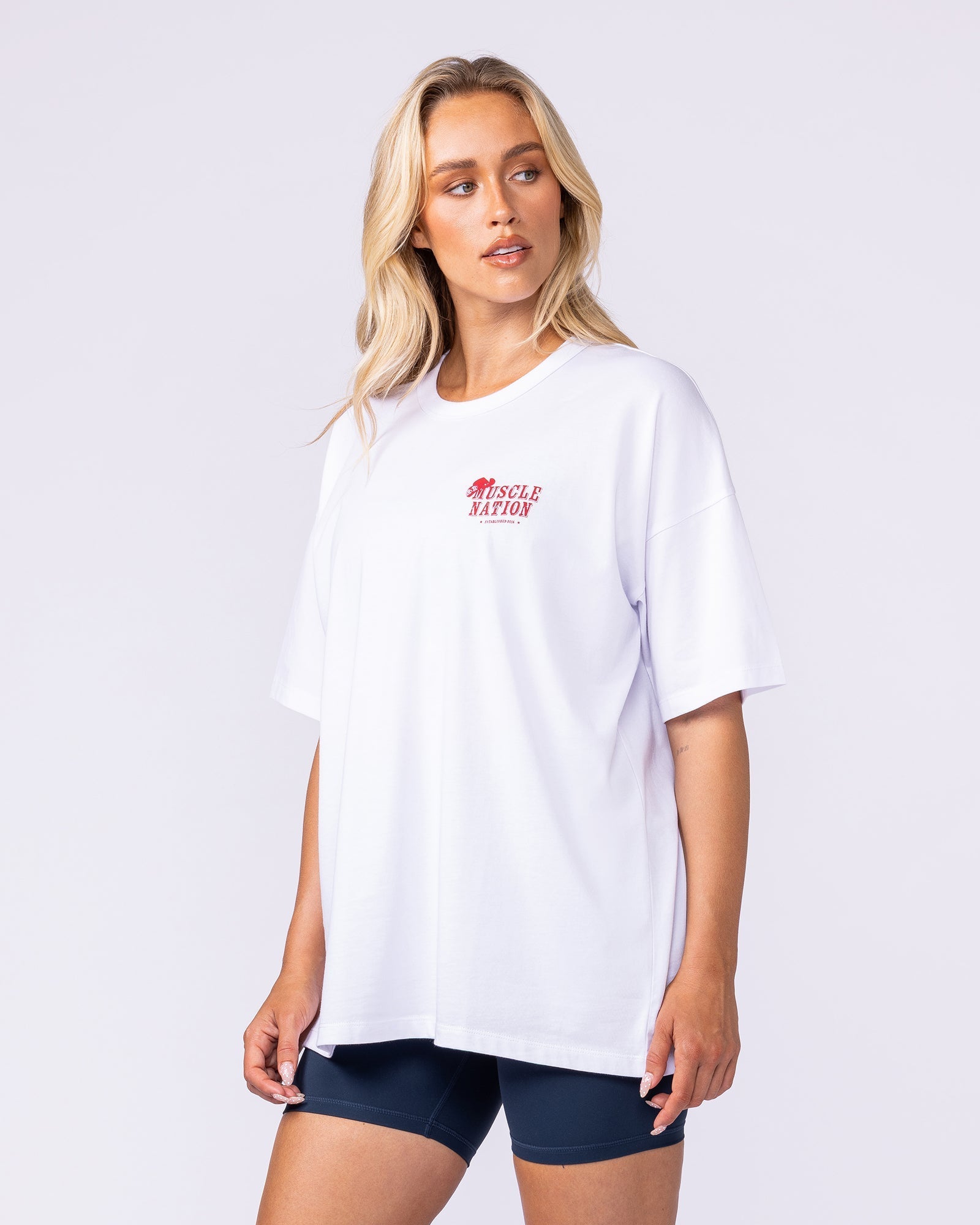 Meowdy Partner Oversized Tee White - Muscle Nation women's gym tee, view 5