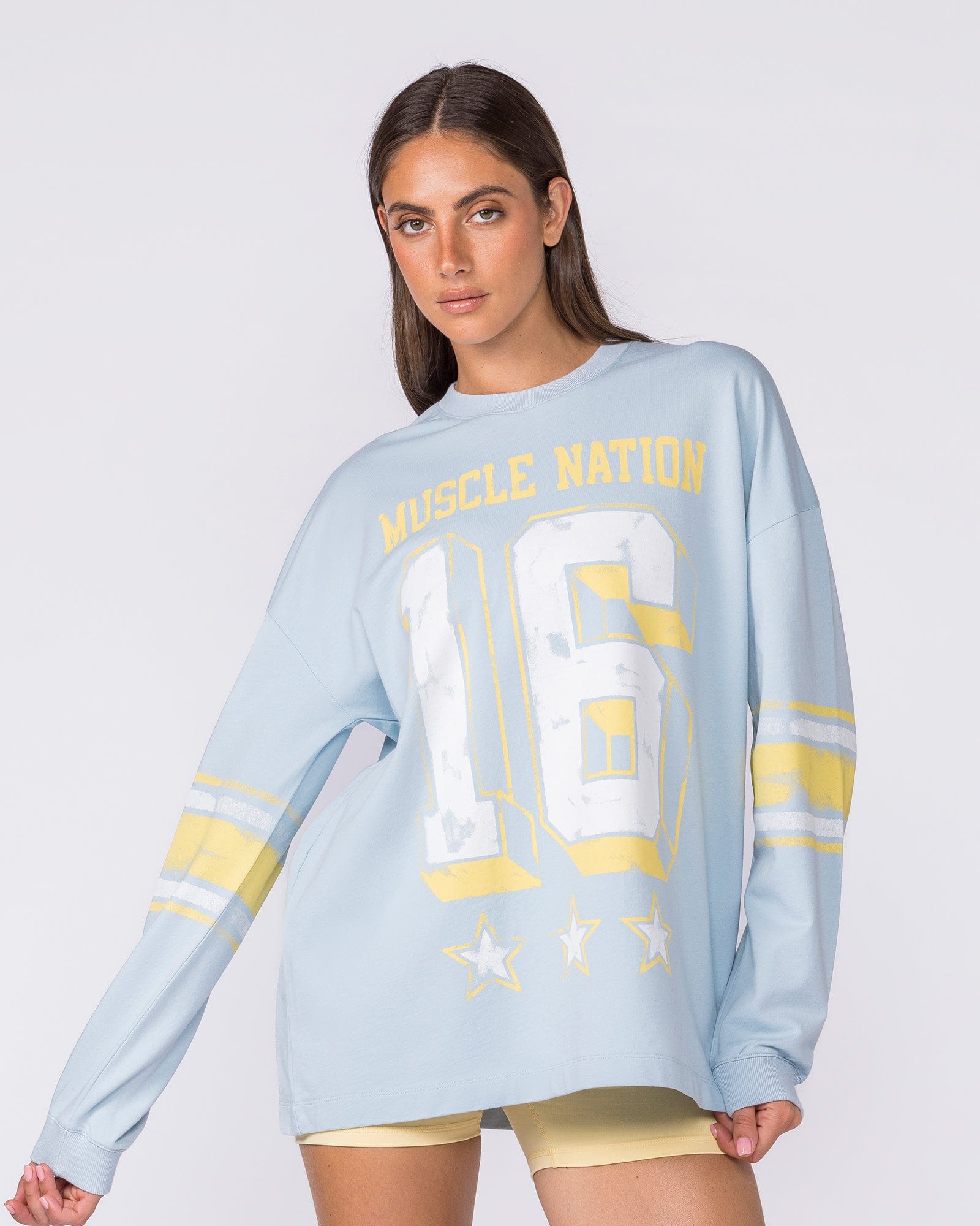 Numero Loopback Oversized Long Sleeve Top Blue Bell - Muscle Nation women's long sleeve tee, view 3