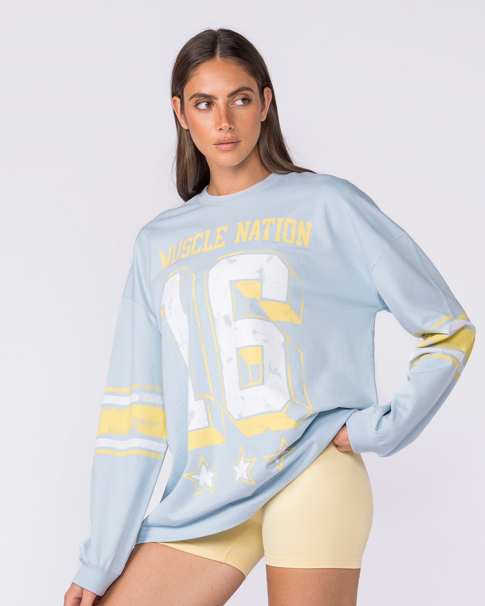 Numero Loopback Oversized Long Sleeve Top Blue Bell - Muscle Nation women's long sleeve tee, view 4