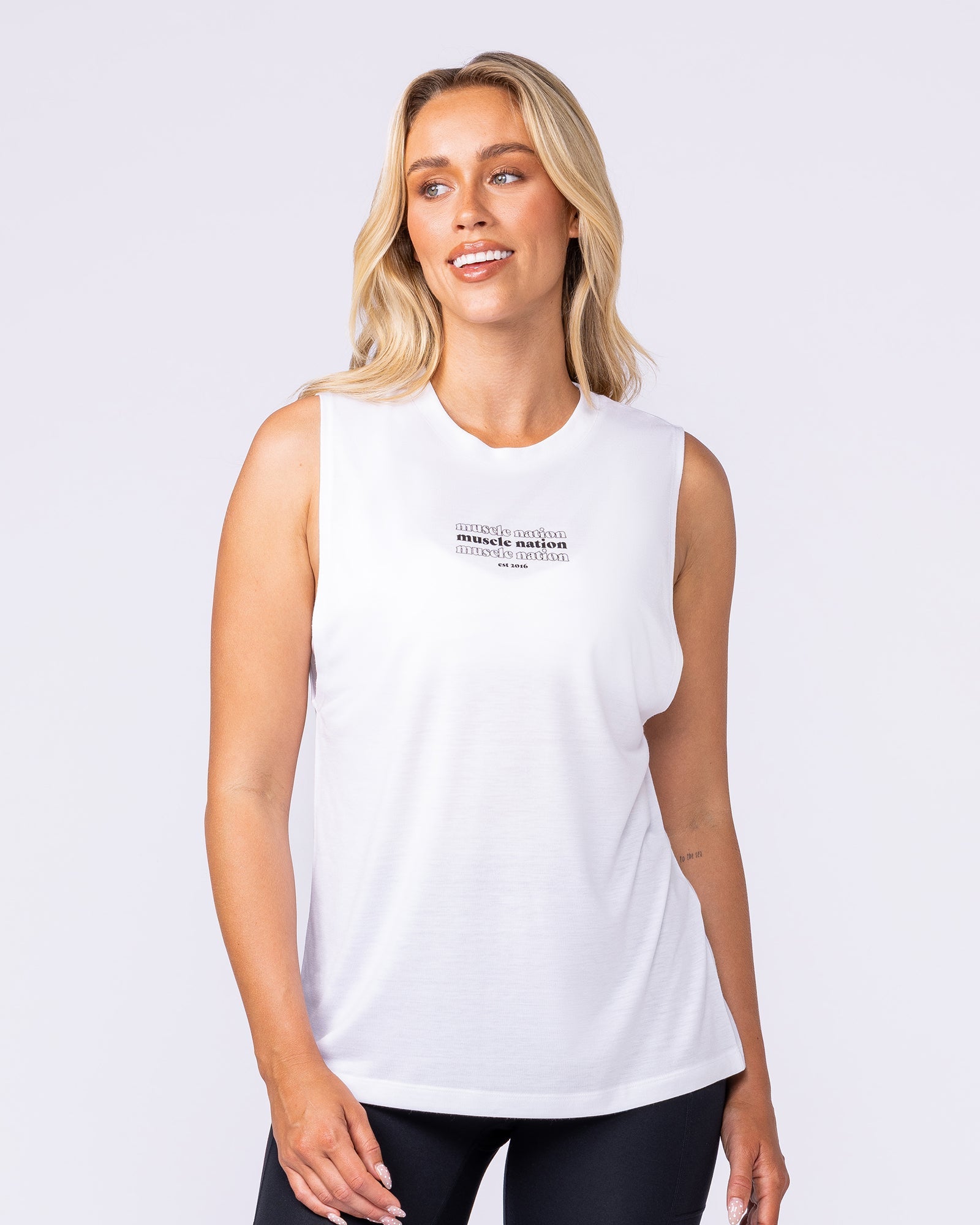 Results Drop Arm Tank White - Muscle Nation women's tank top