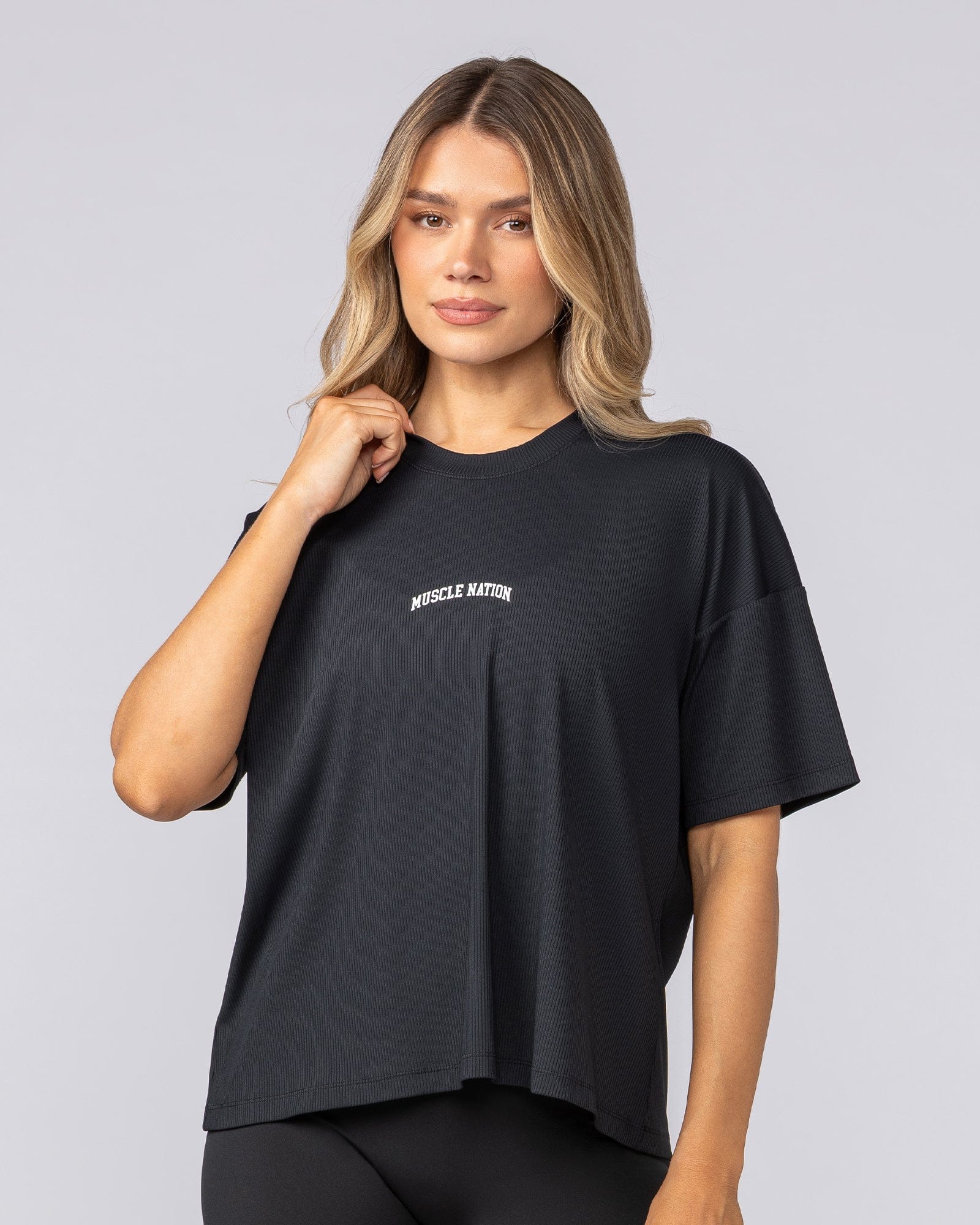 Rib Boxy Training Tee Black - Muscle Nation women's gym tee, view 5