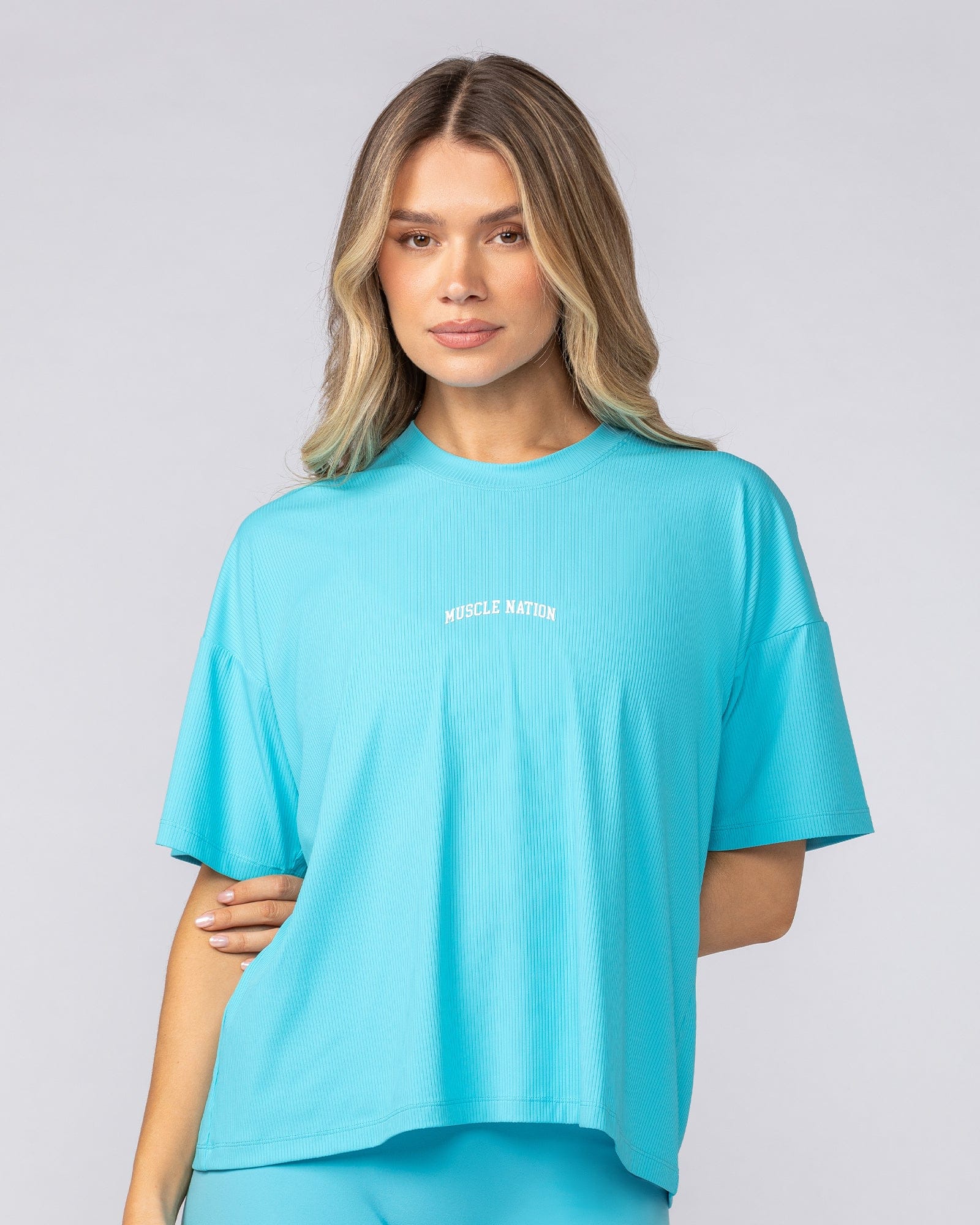 Rib Boxy Training Tee Oasis Blue - Muscle Nation women's gym tee