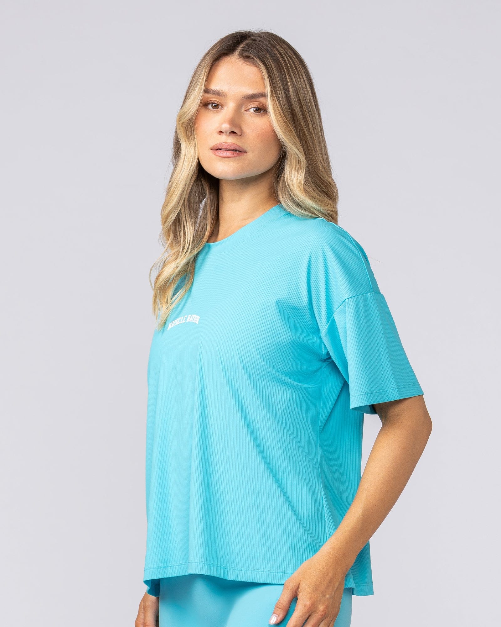 Rib Boxy Training Tee Oasis Blue - Muscle Nation women's gym tee, view 2