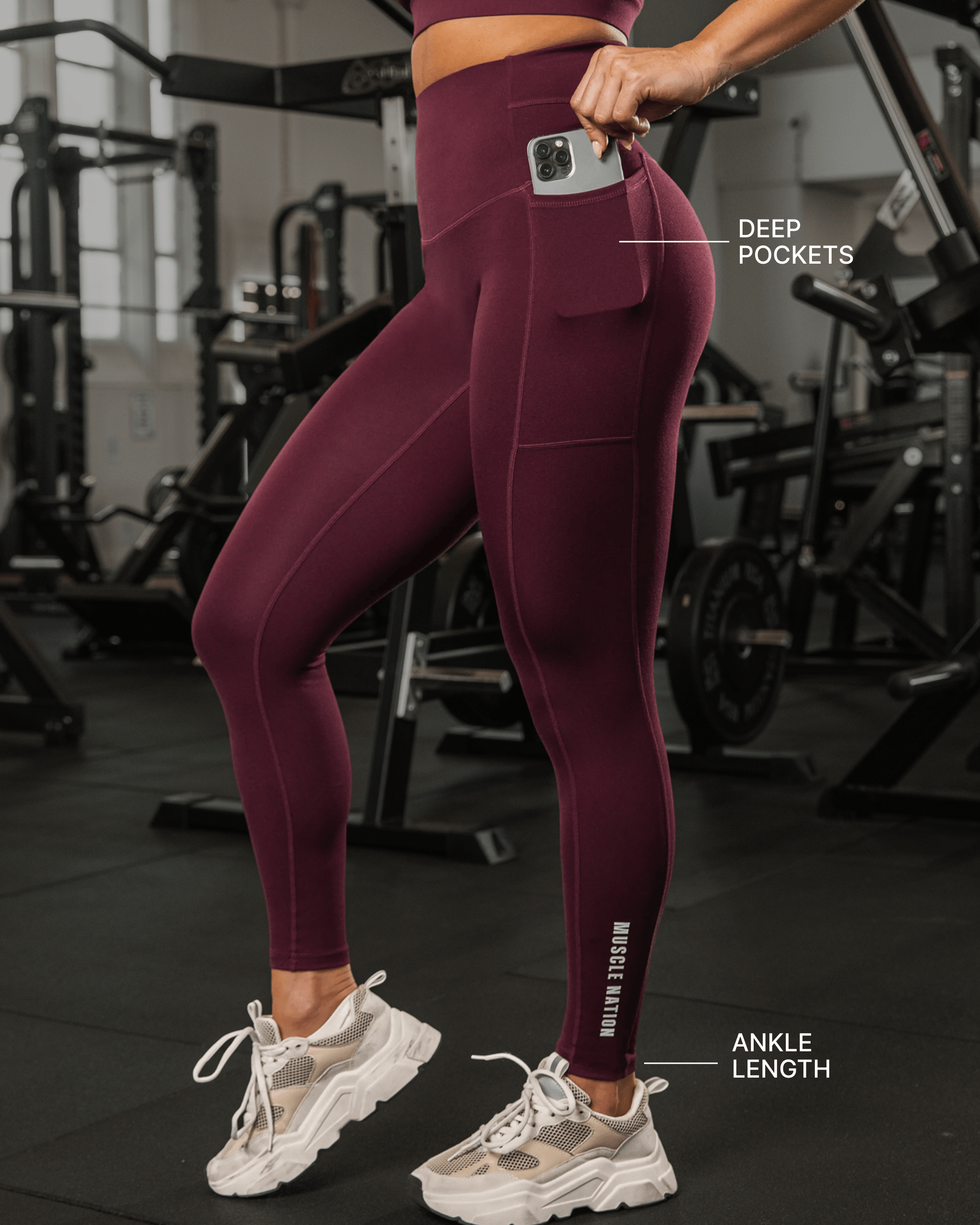 Unrivalled Everyday Pocket Ankle Leggings Sangria - Muscle Nation women's leggings, view 5
