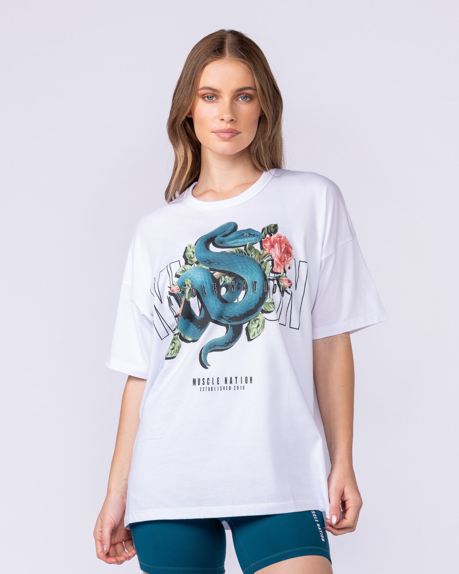Viper Oversized Tee White - Muscle Nation women's gym tee, view 3