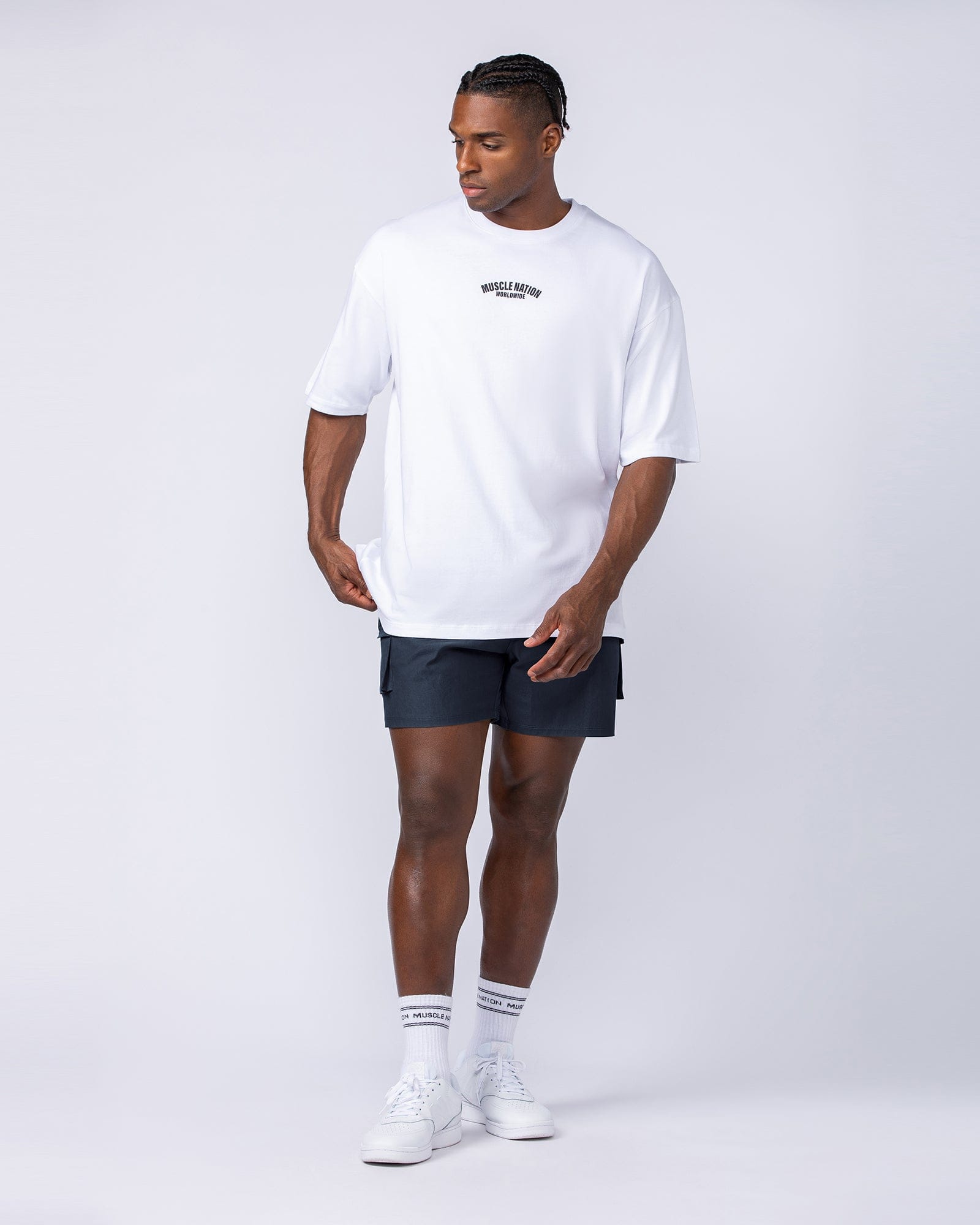 Daily Cargo 5" Shorts Navy (Silicon Logo) - Muscle Nation men's cargo shorts, view 6