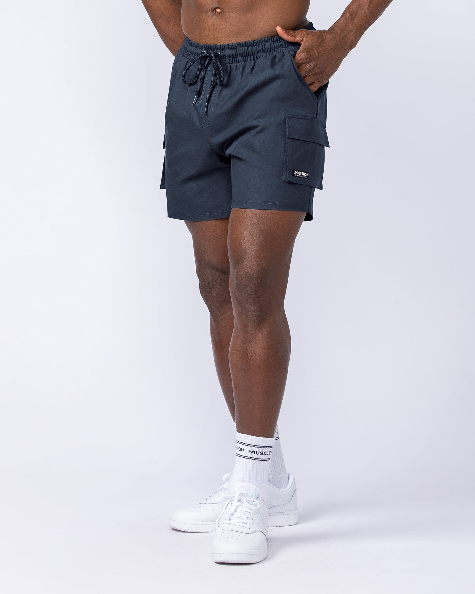 Daily Cargo 5" Shorts Navy (Silicon Logo) - Muscle Nation men's cargo shorts