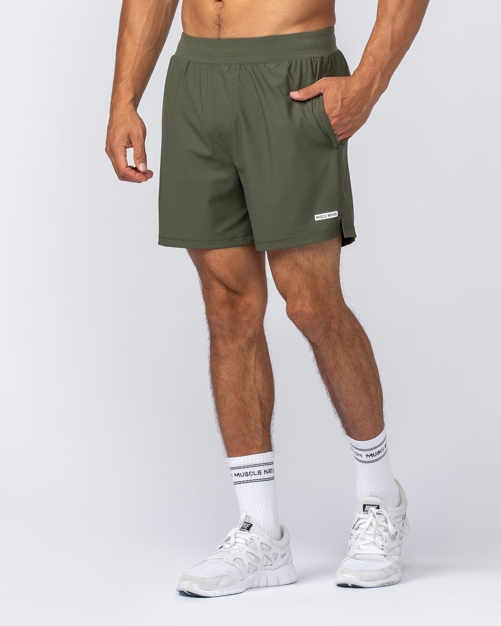 On Repeat Training 5" Shorts Dark Khaki - Muscle Nation men's gym shorts