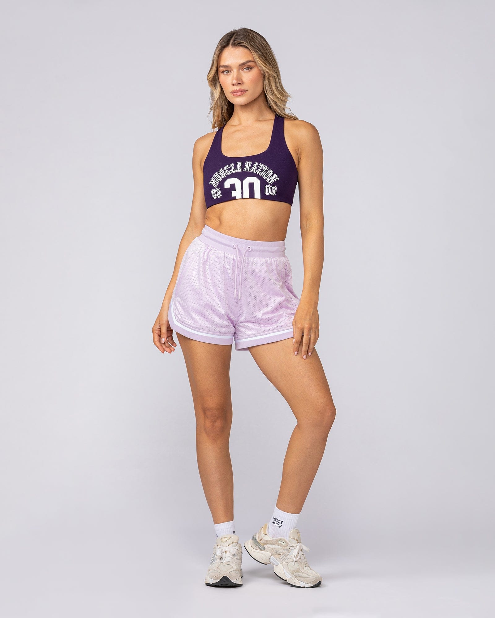 Womens 3" Basketball Shorts Lilac Snow - Muscle Nation women's gym shorts, view 6