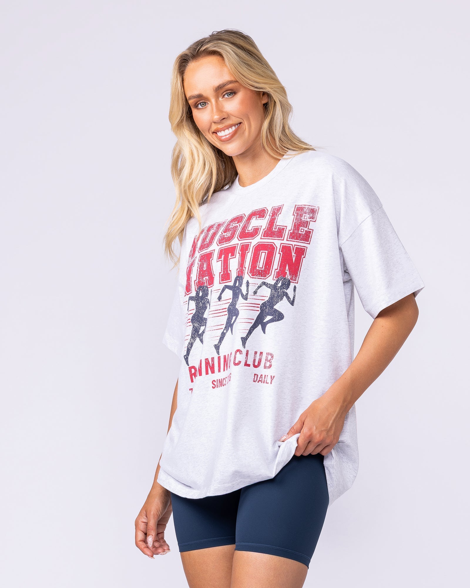 Womens Running Club Oversized Tee Snow Grey Marl - Muscle Nation women's gym tee, view 4