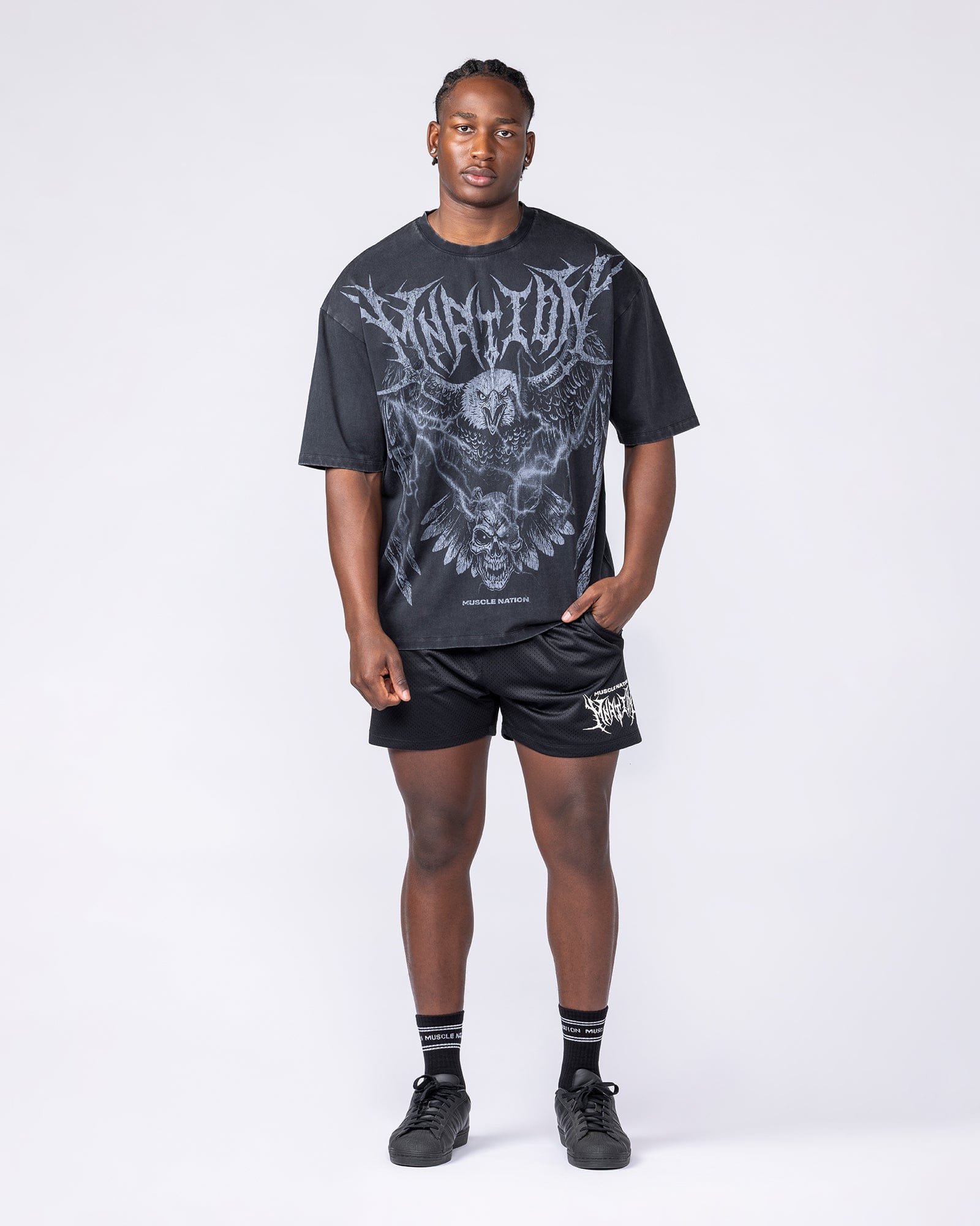 Gothic Eagle Oversized Tee - Washed Black
