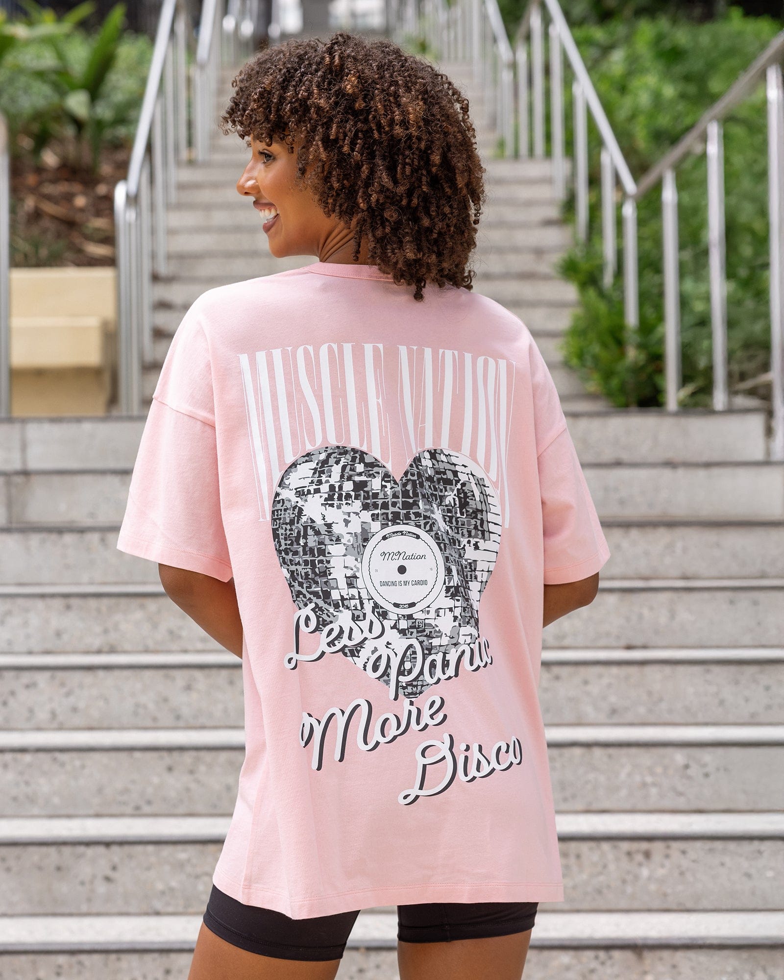 Less Panic More Disco Oversized Tee Blush - Muscle Nation women's gym tee