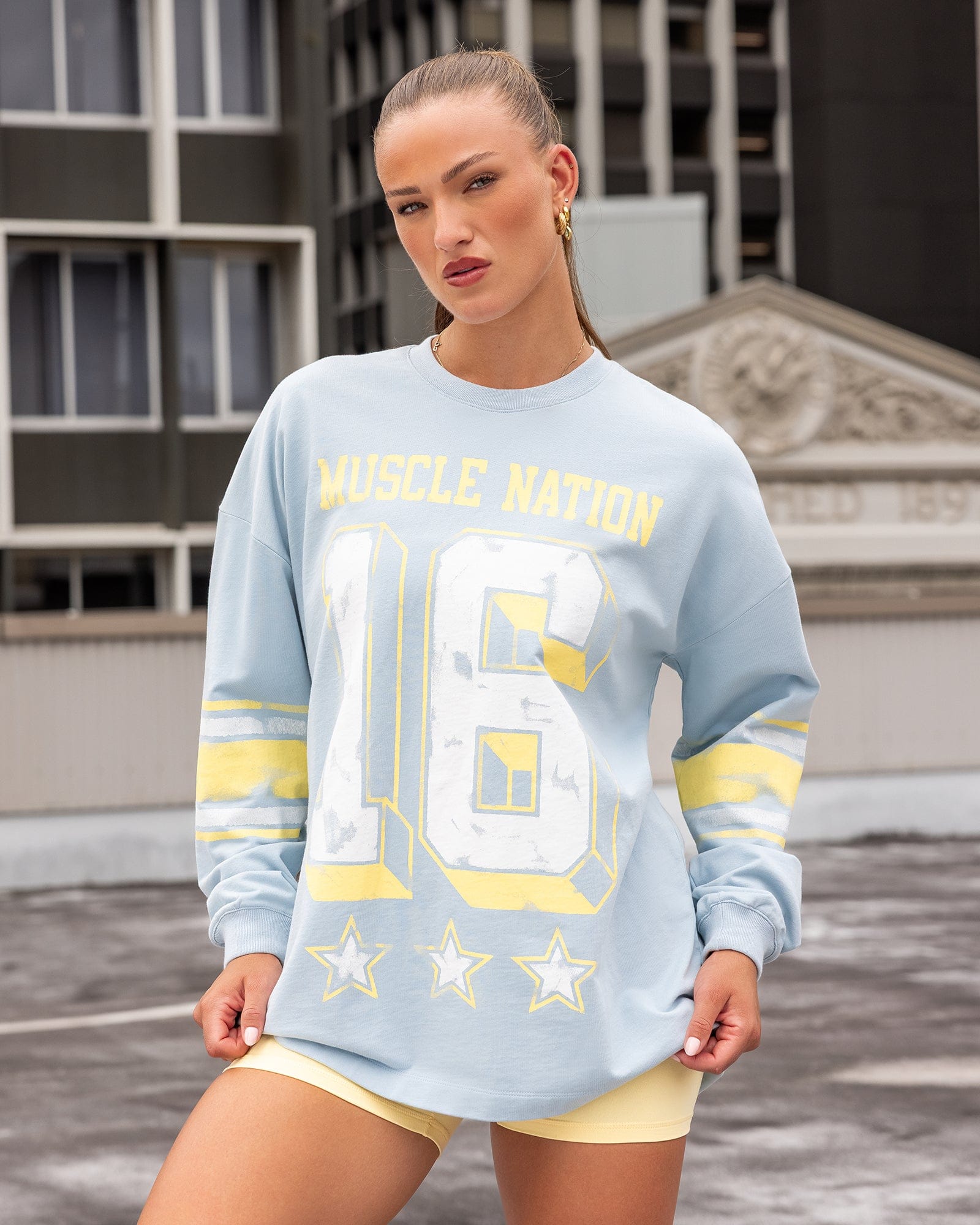 Numero Loopback Oversized Long Sleeve Top Blue Bell - Muscle Nation women's long sleeve tee