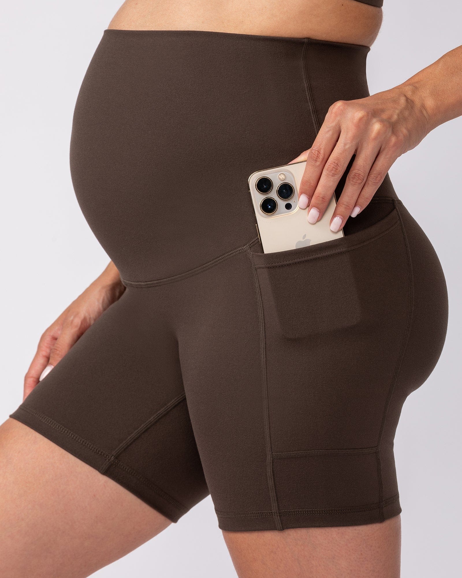 Maternity Everyday Pocket Bike Shorts Deep Brown - Muscle Nation maternity bike shorts