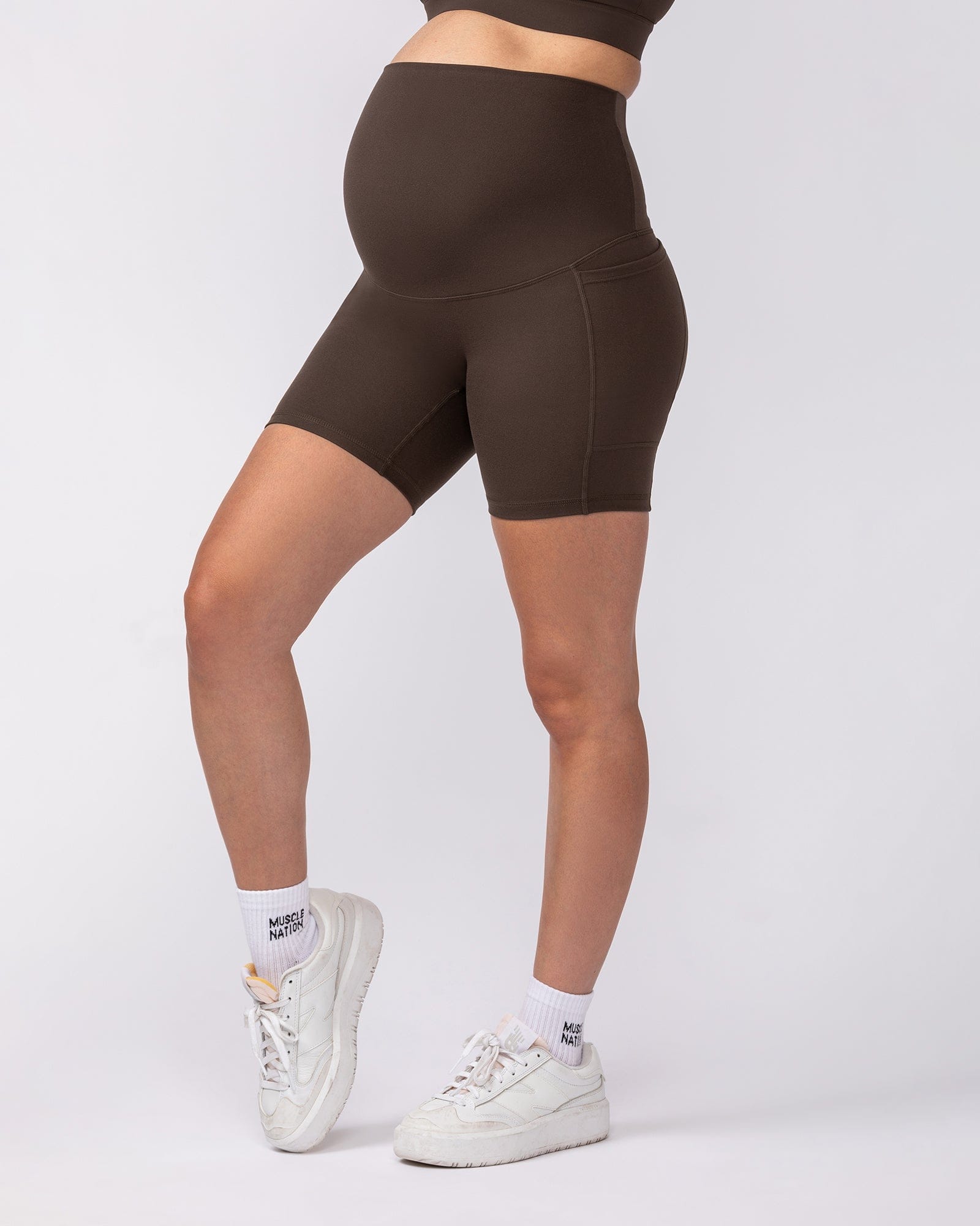 Maternity Everyday Pocket Bike Shorts Deep Brown - Muscle Nation maternity bike shorts, view 3