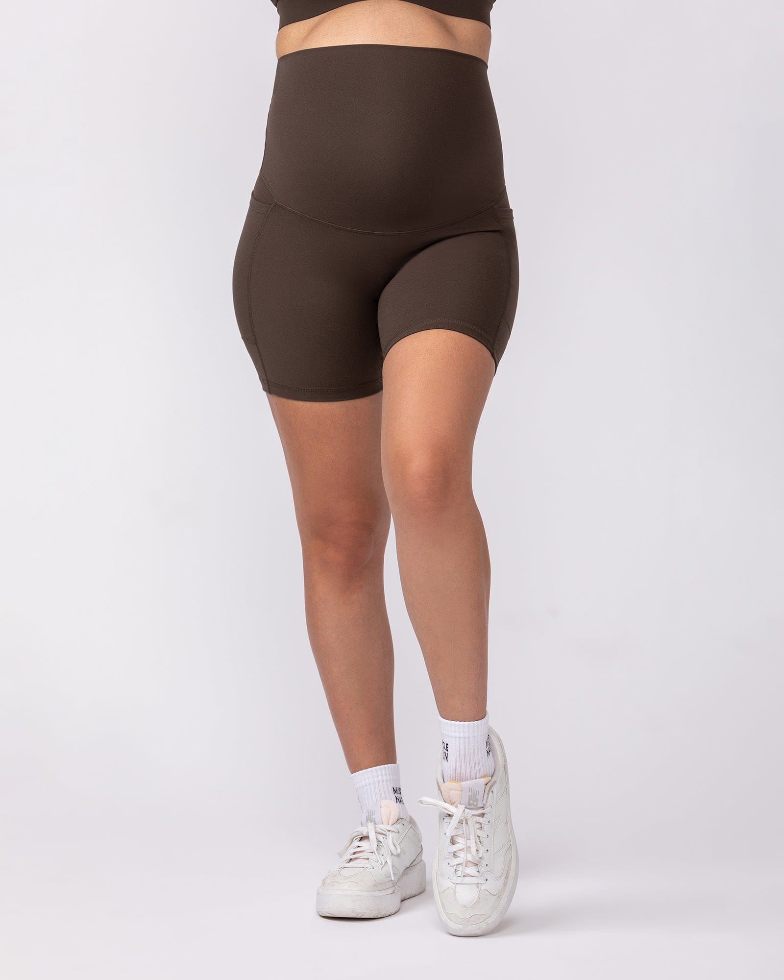 Maternity Everyday Pocket Bike Shorts Deep Brown - Muscle Nation maternity bike shorts, view 2