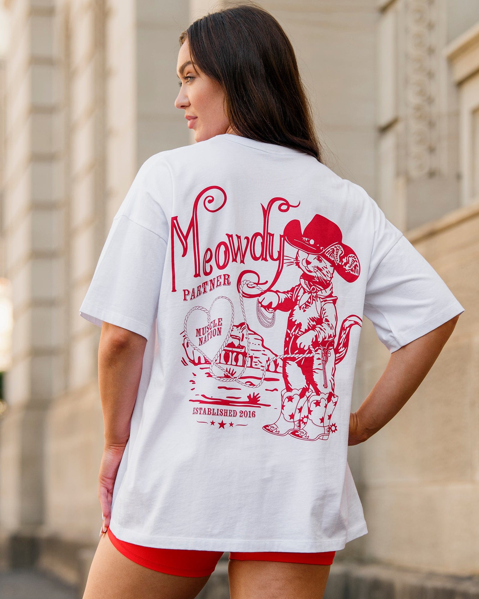 Meowdy Partner Oversized Tee White - Muscle Nation women's gym tee