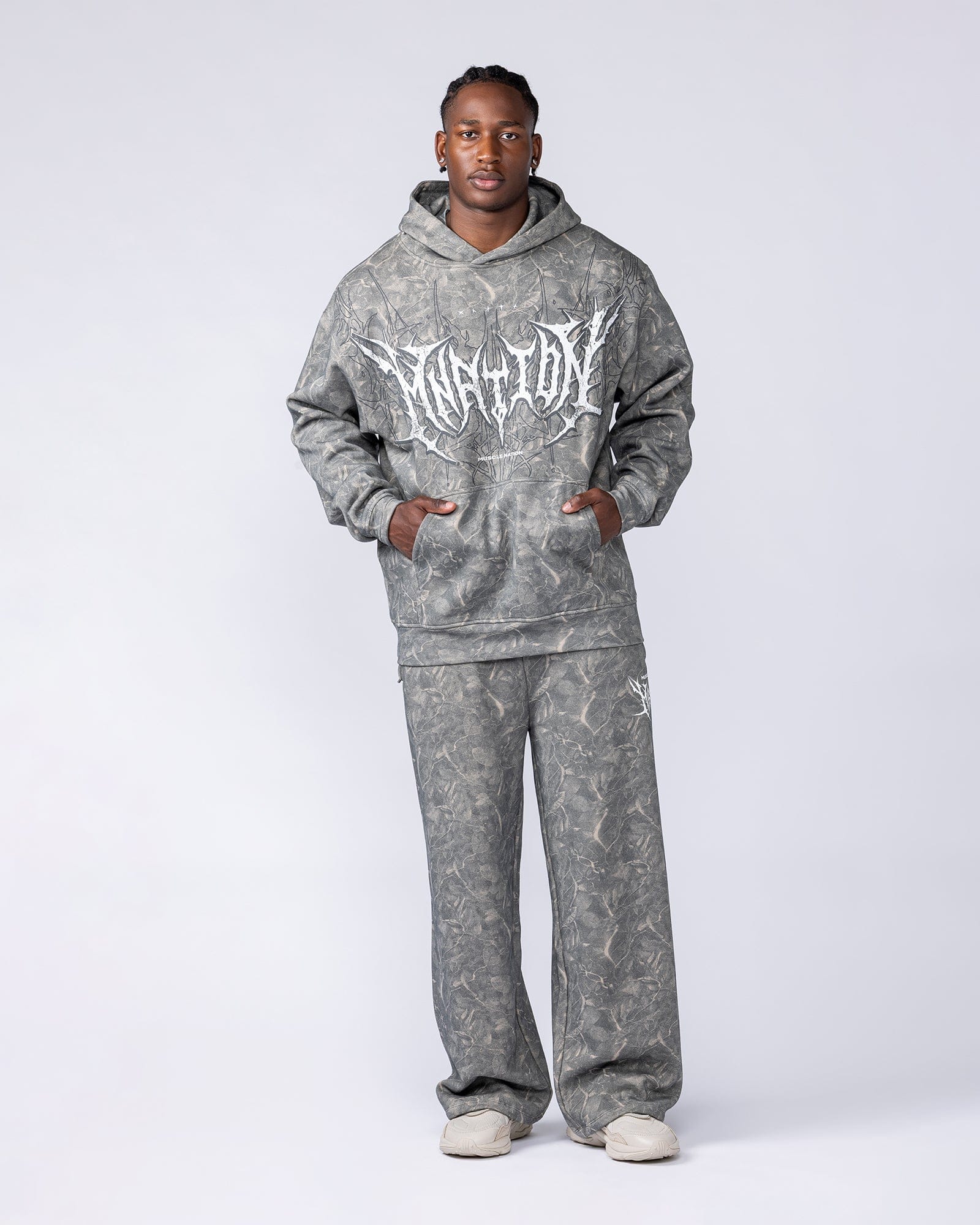 Muscle Nation Bottoms Gothic Wide Leg Trackies - Washed Tree Camo