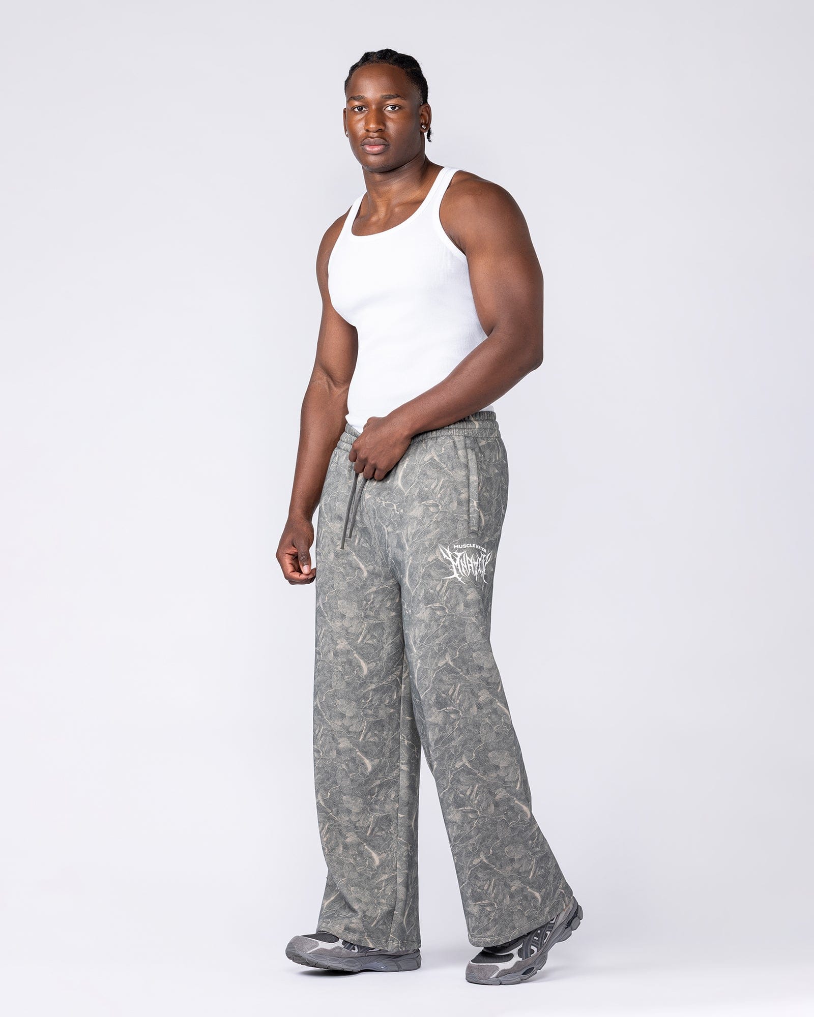 Muscle Nation Bottoms Gothic Wide Leg Trackies - Washed Tree Camo