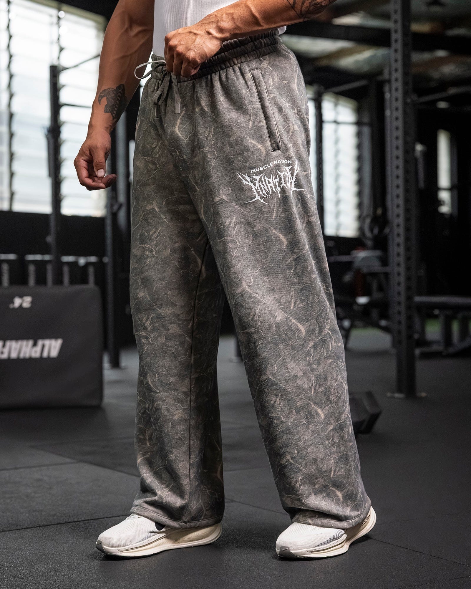 Muscle Nation Bottoms Gothic Wide Leg Trackies - Washed Tree Camo