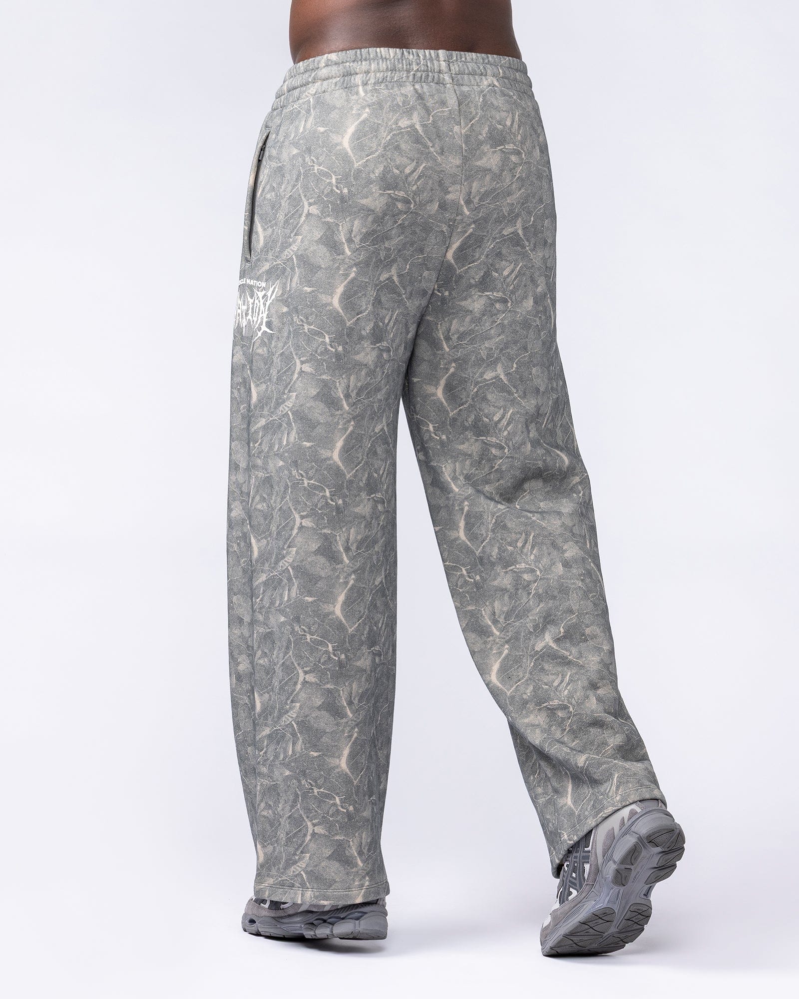 Muscle Nation Bottoms Gothic Wide Leg Trackies - Washed Tree Camo