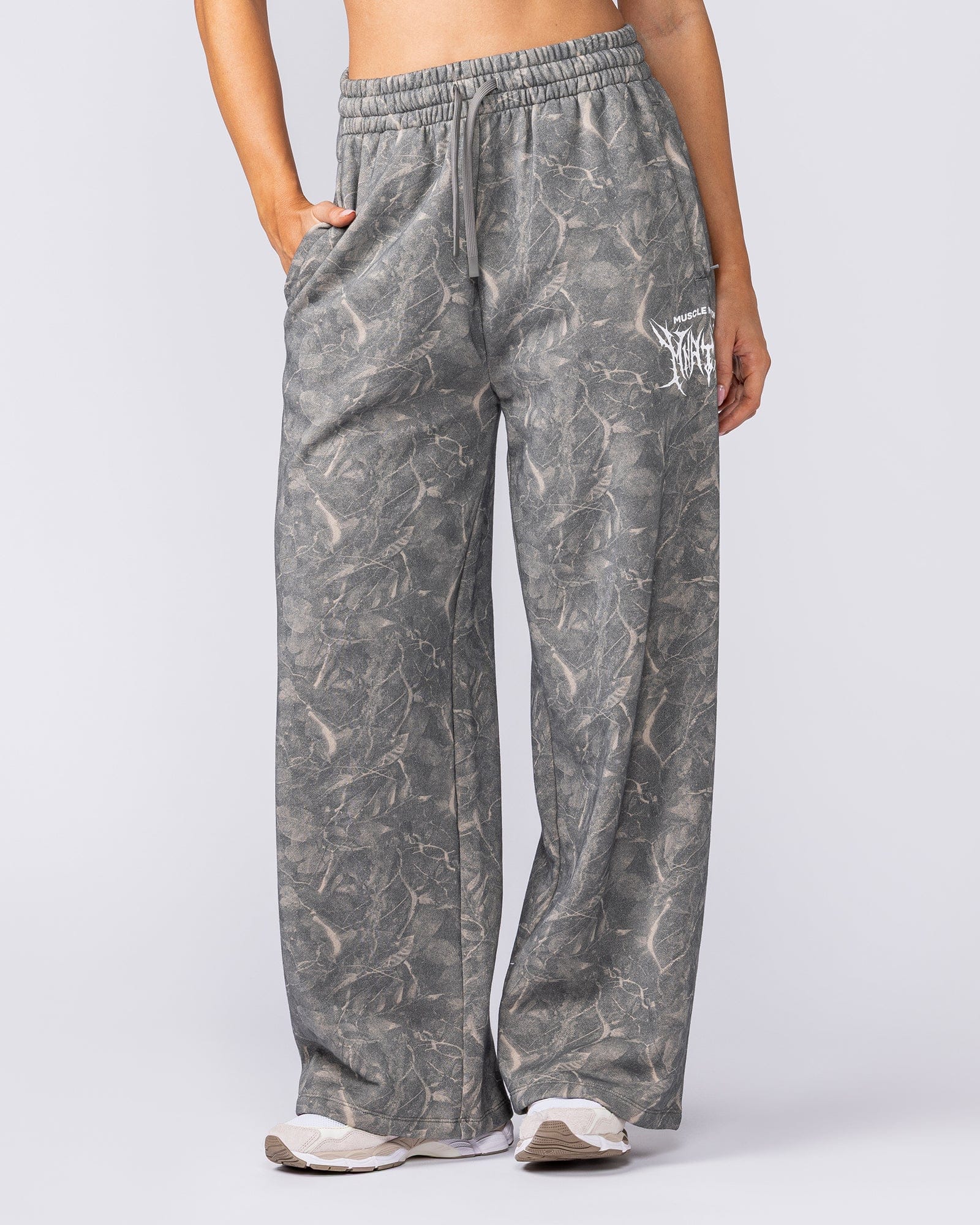 Muscle Nation Bottoms Gothic Wide Leg Trackies - Washed Tree Camo