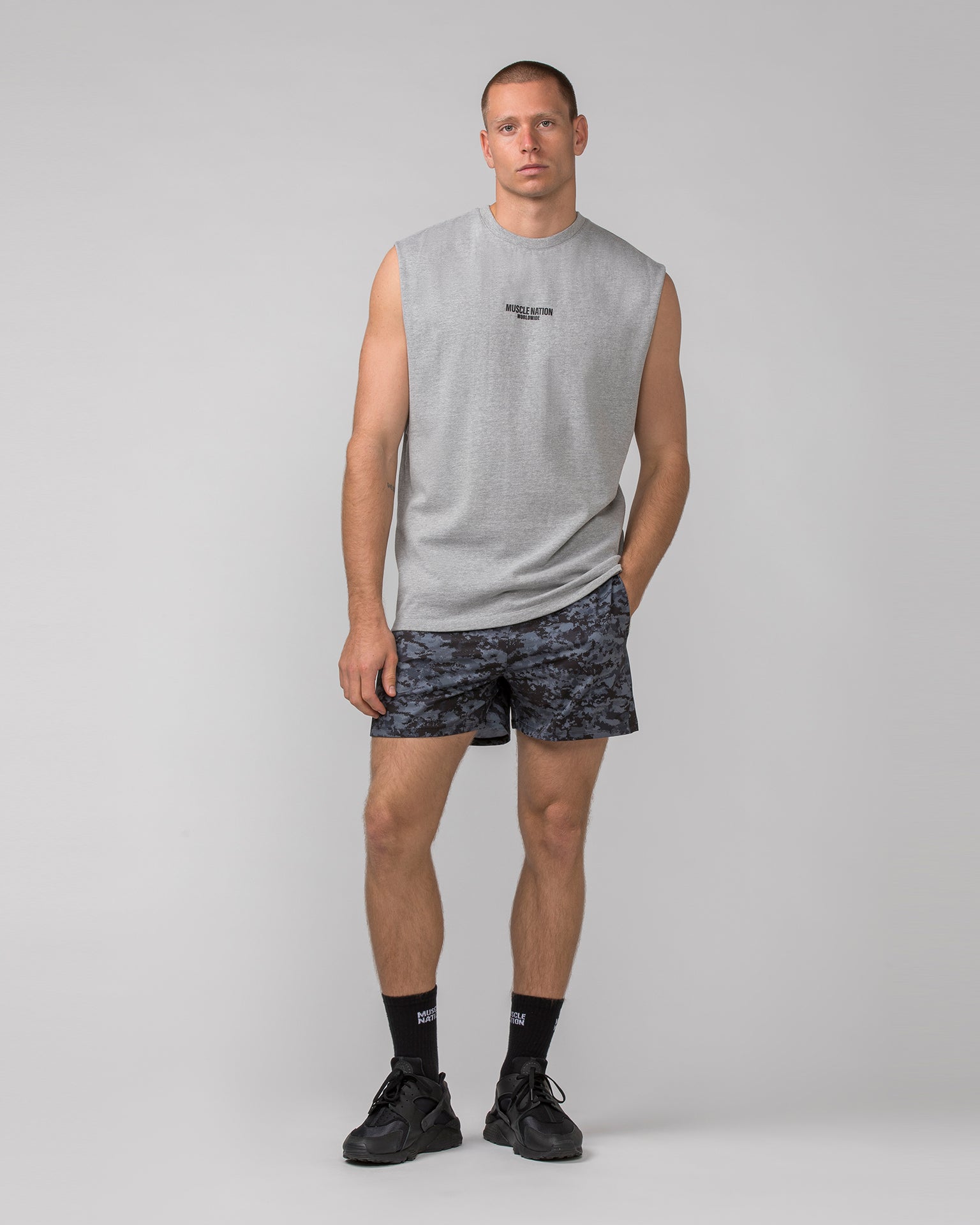 Muscle Nation Gym Shorts Function 4'' Shorts - Grey/ Black Distressed Print